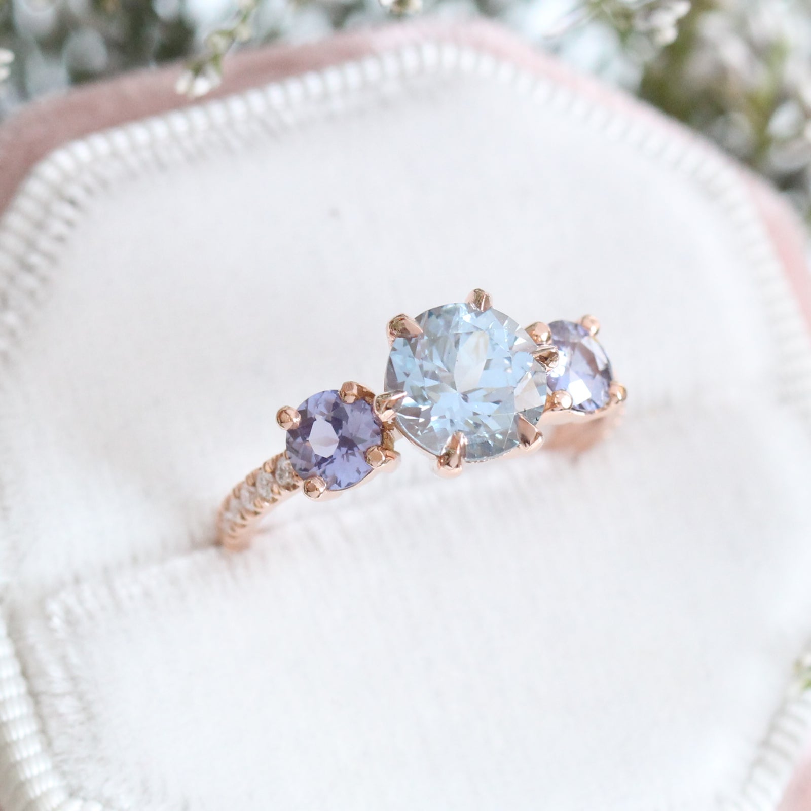 Aqua Blue Sapphire Engagement Ring in Rose Gold 3 Stone Diamond Ring by La More Design Jewelry