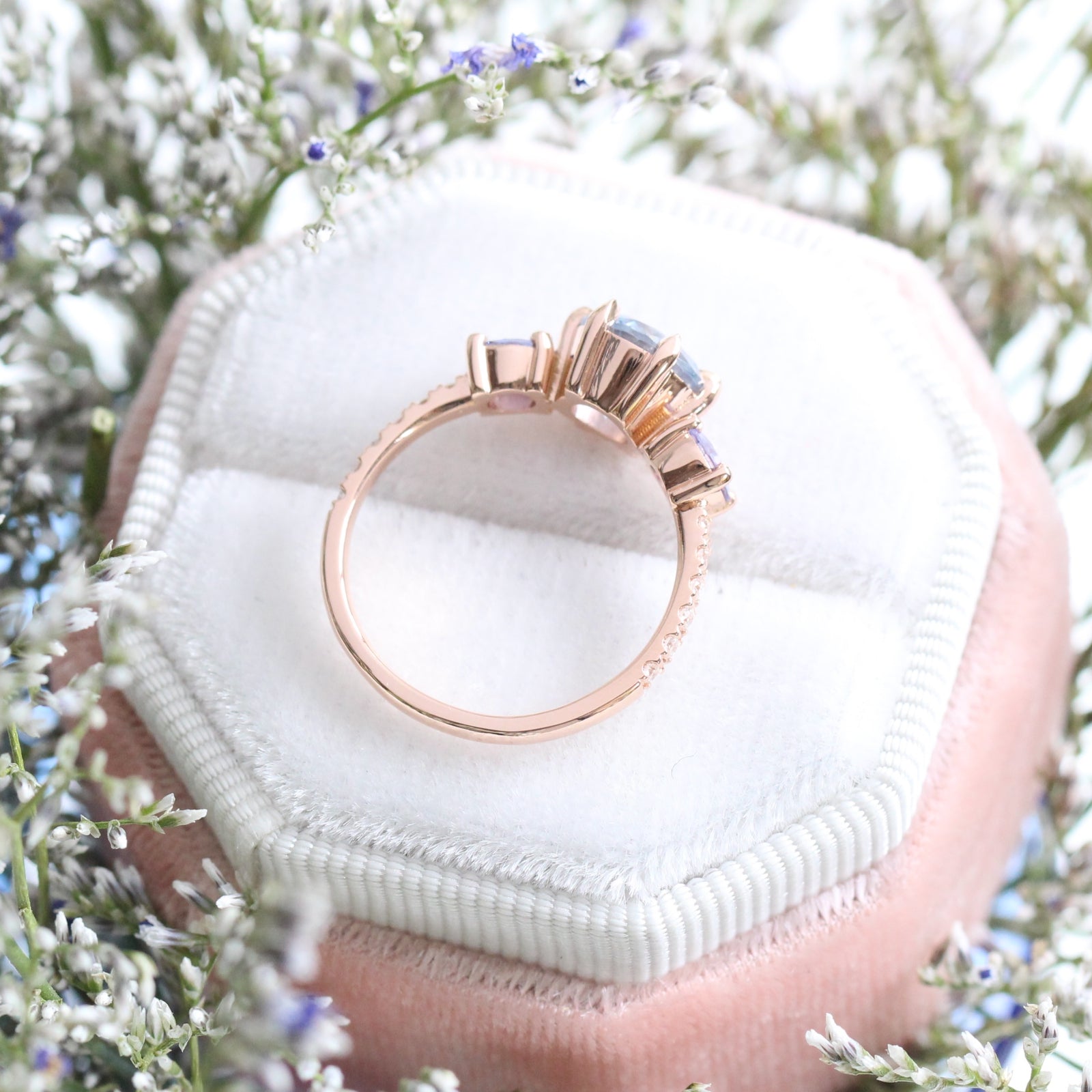 Aqua Blue Sapphire Engagement Ring in Rose Gold 3 Stone Diamond Ring by La More Design Jewelry