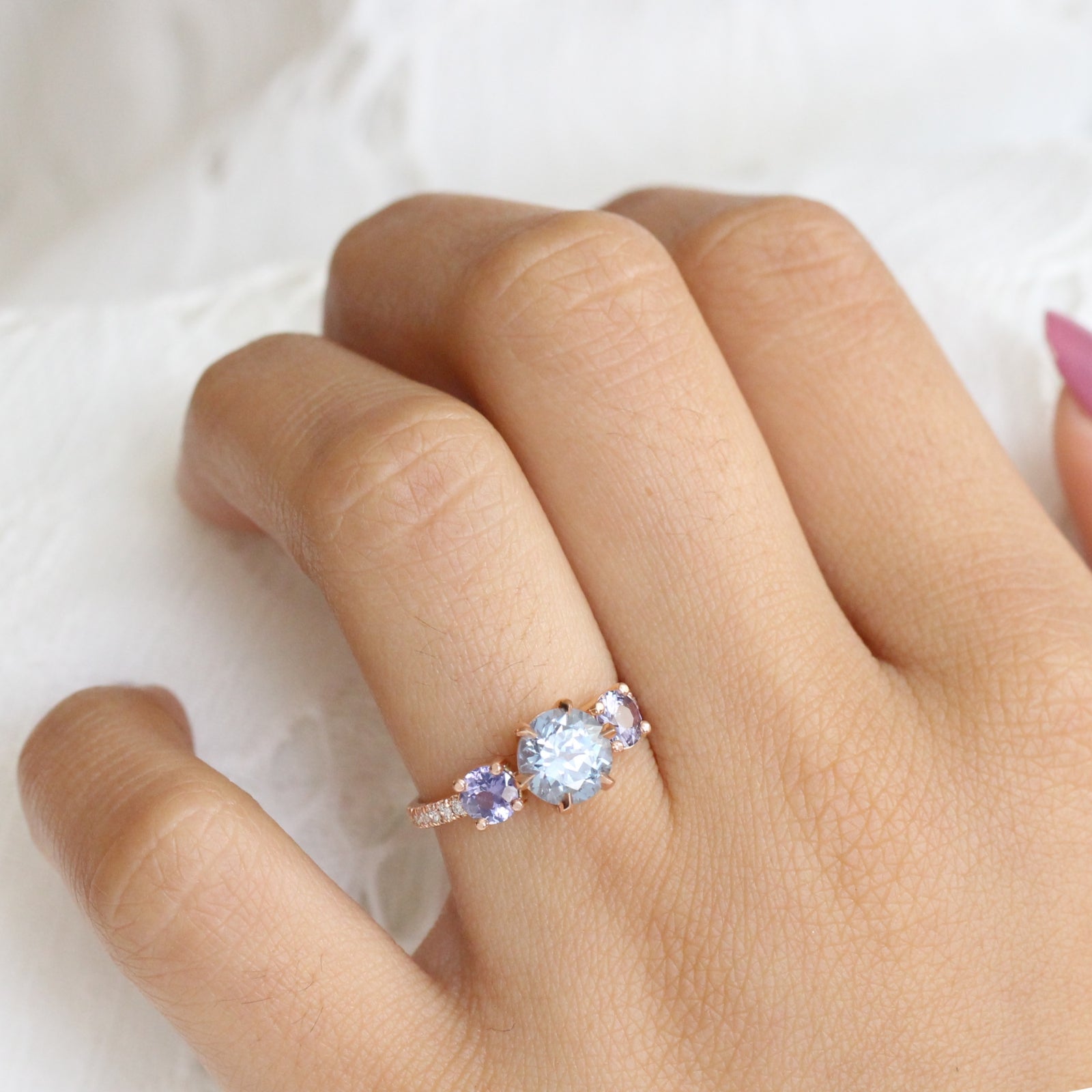 Aqua Blue Sapphire Engagement Ring in Rose Gold 3 Stone Diamond Ring by La More Design Jewelry