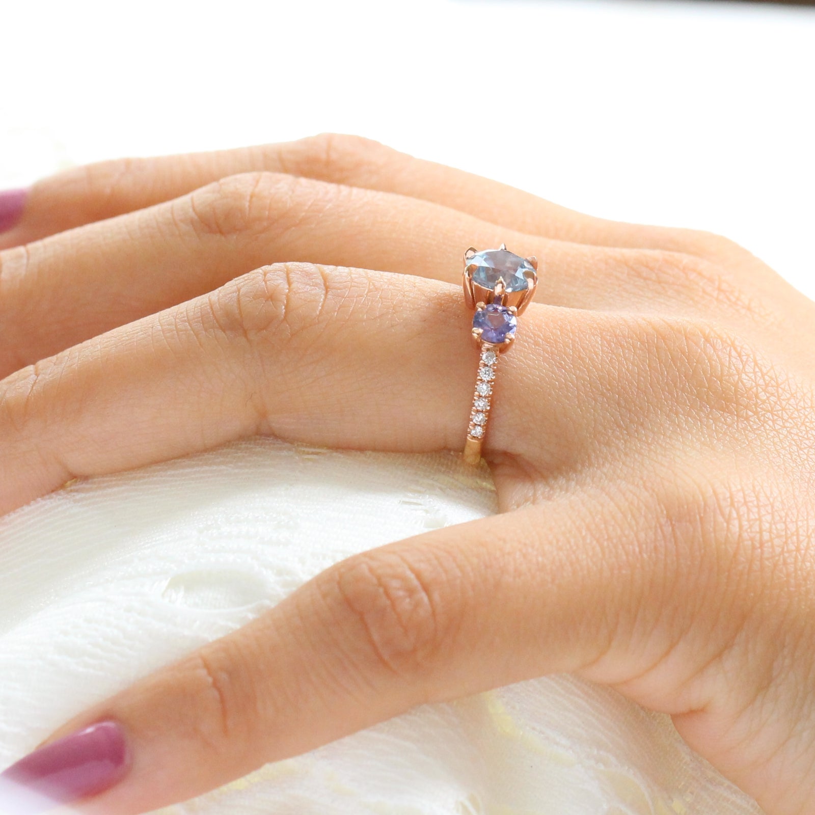 Aqua Blue Sapphire Engagement Ring in Rose Gold 3 Stone Diamond Ring by La More Design Jewelry