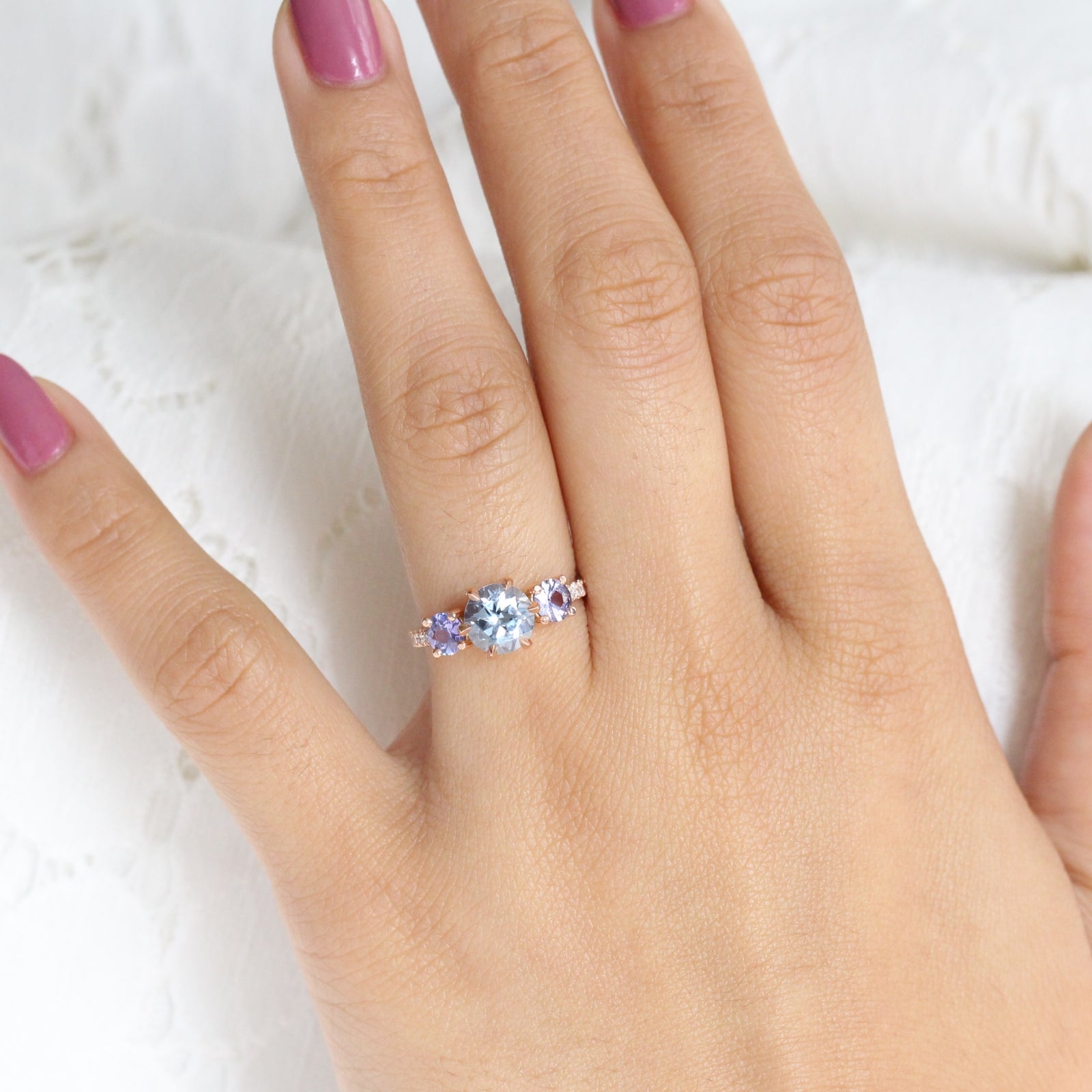 Aqua Blue Sapphire Engagement Ring in Rose Gold 3 Stone Diamond Ring by La More Design Jewelry