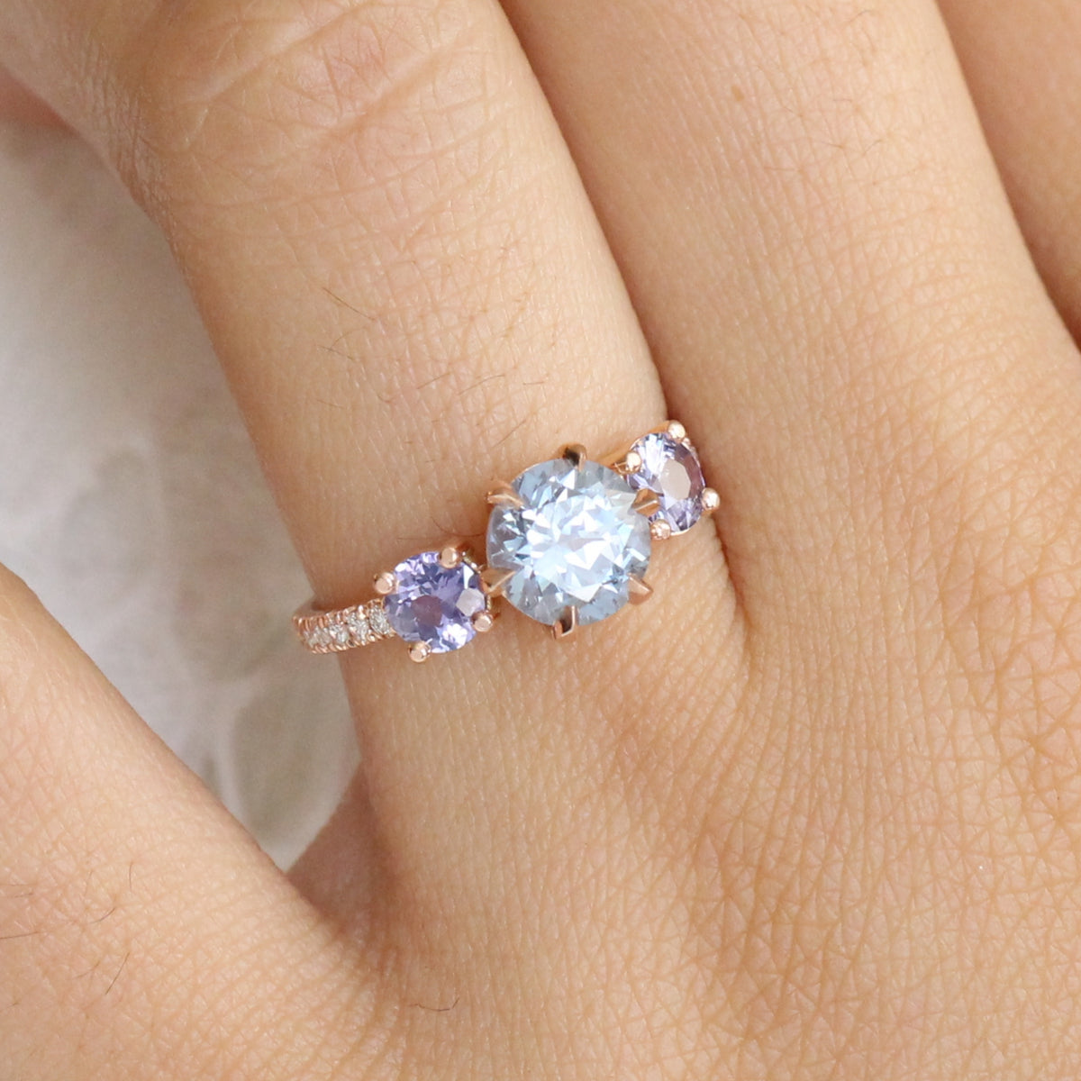 Aqua Blue Sapphire Engagement Ring in Rose Gold 3 Stone Diamond Ring by La More Design Jewelry