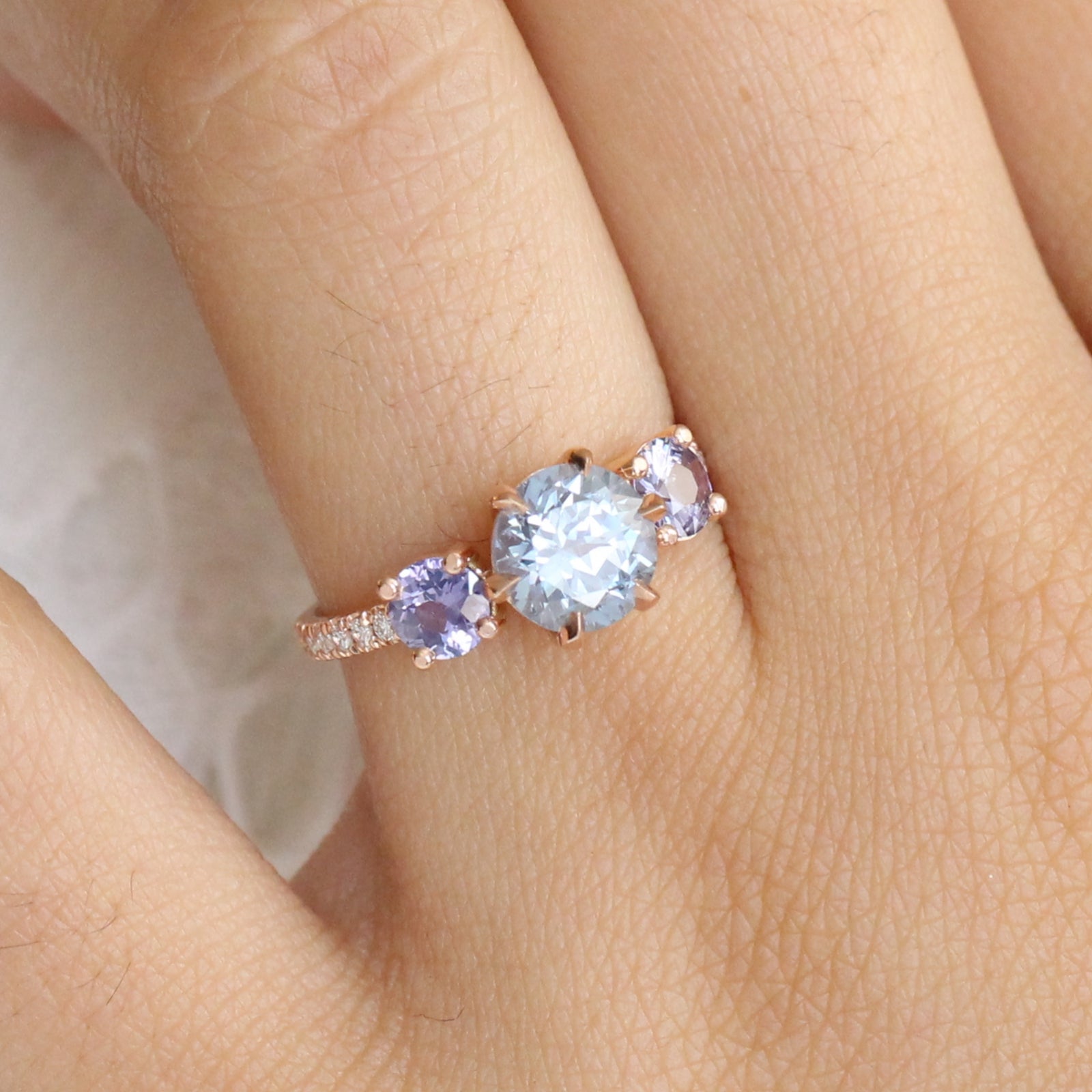 Aqua Blue Sapphire Engagement Ring in Rose Gold 3 Stone Diamond Ring by La More Design Jewelry