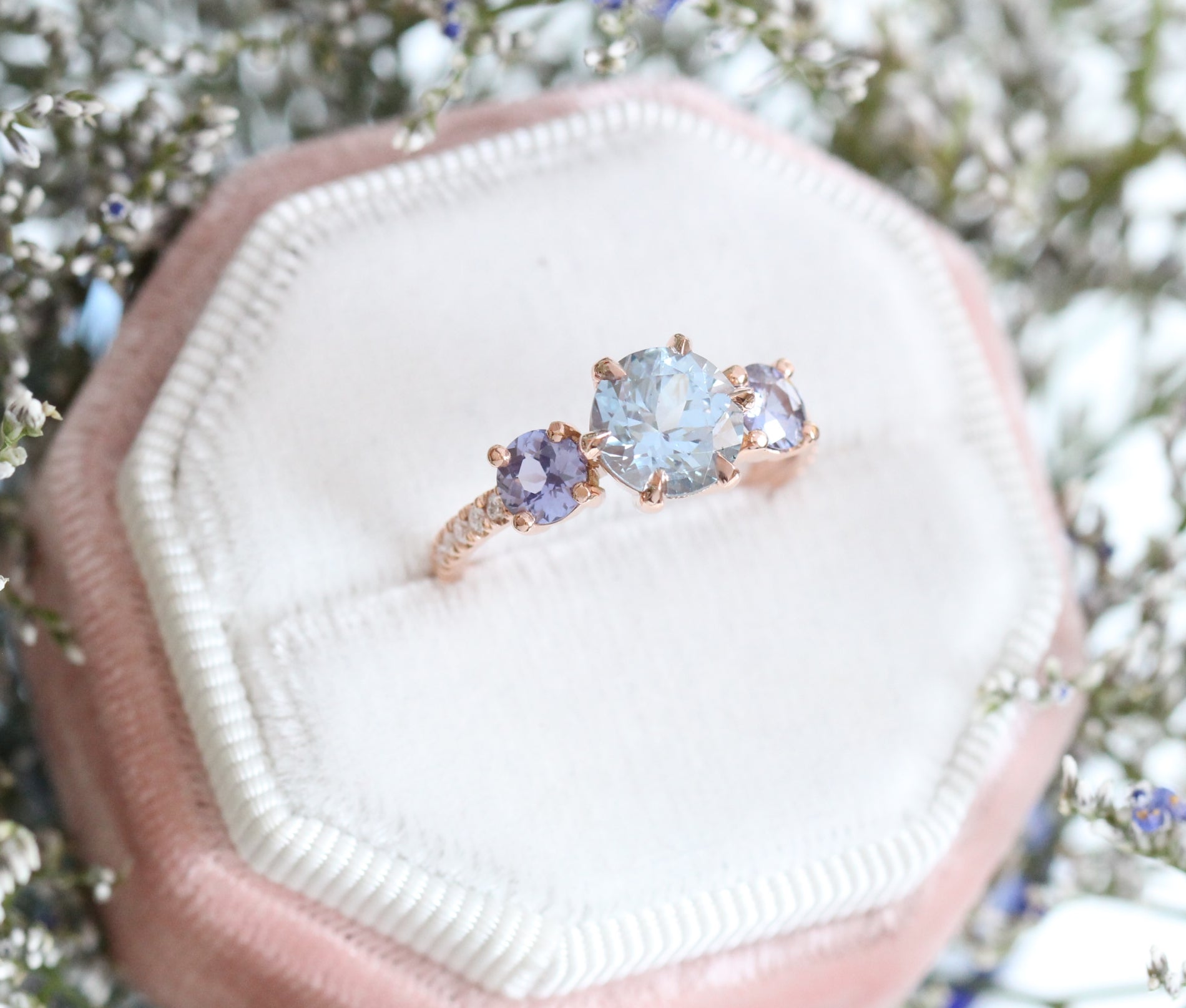 Aqua Blue Sapphire Engagement Ring in Rose Gold 3 Stone Diamond Ring by La More Design Jewelry