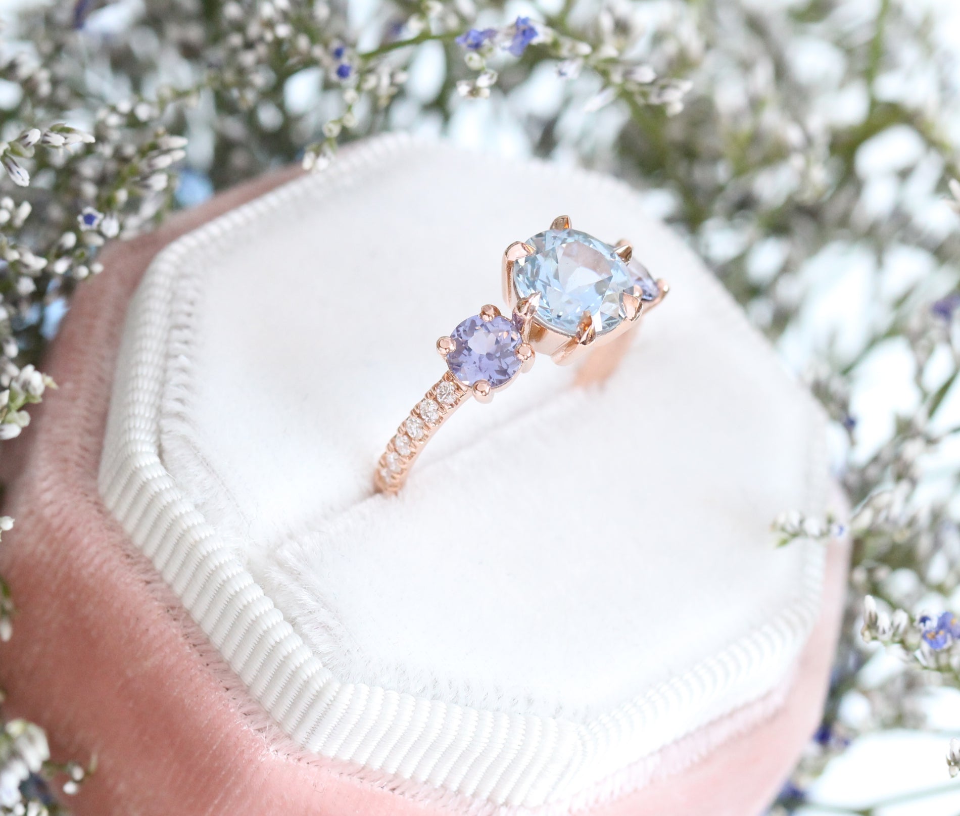 Oval cut Aqua Sapphire Halo Diamond Ring Set by La More Design in