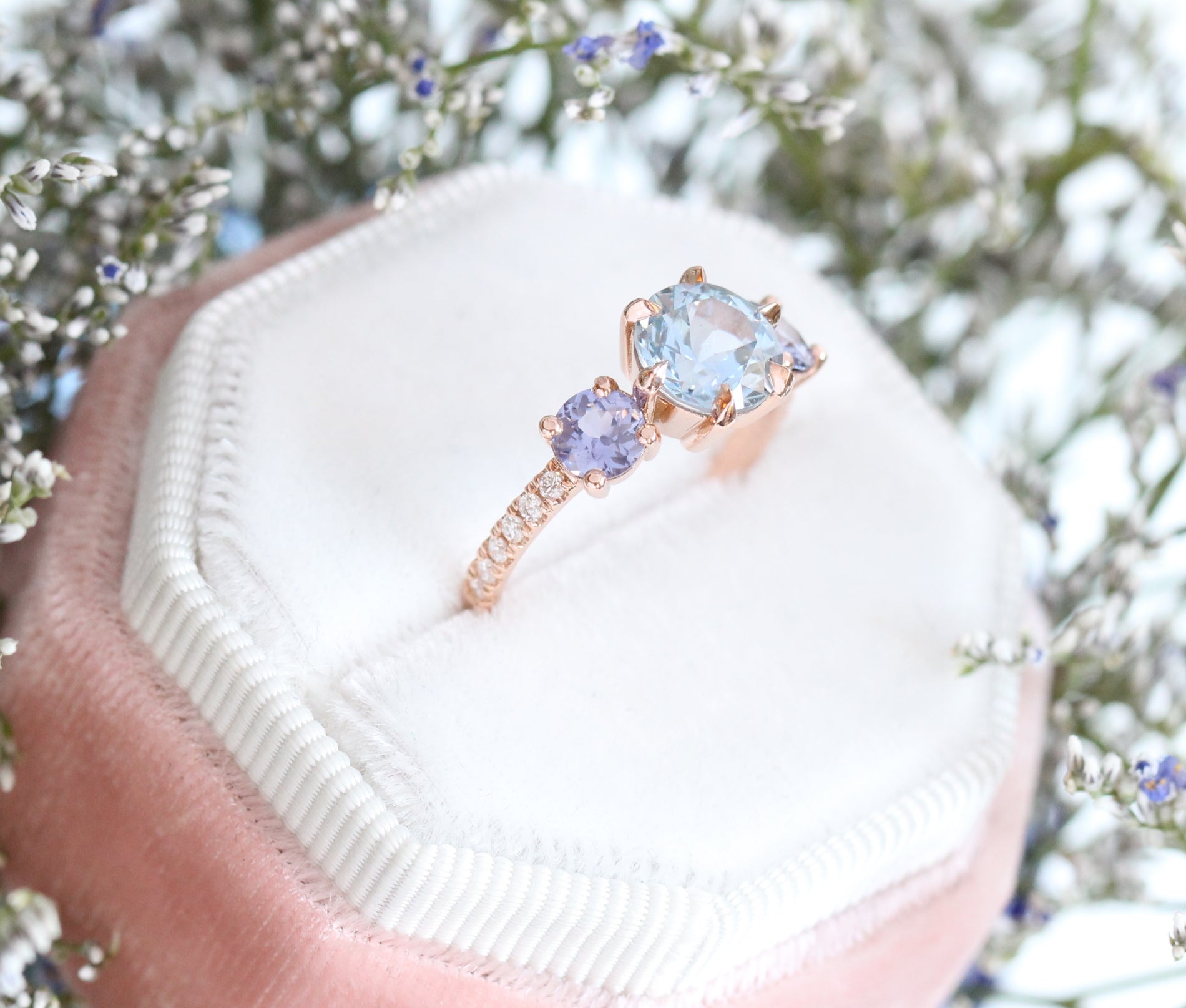 Aqua Blue Sapphire Engagement Ring in Rose Gold 3 Stone Diamond Ring by La More Design Jewelry