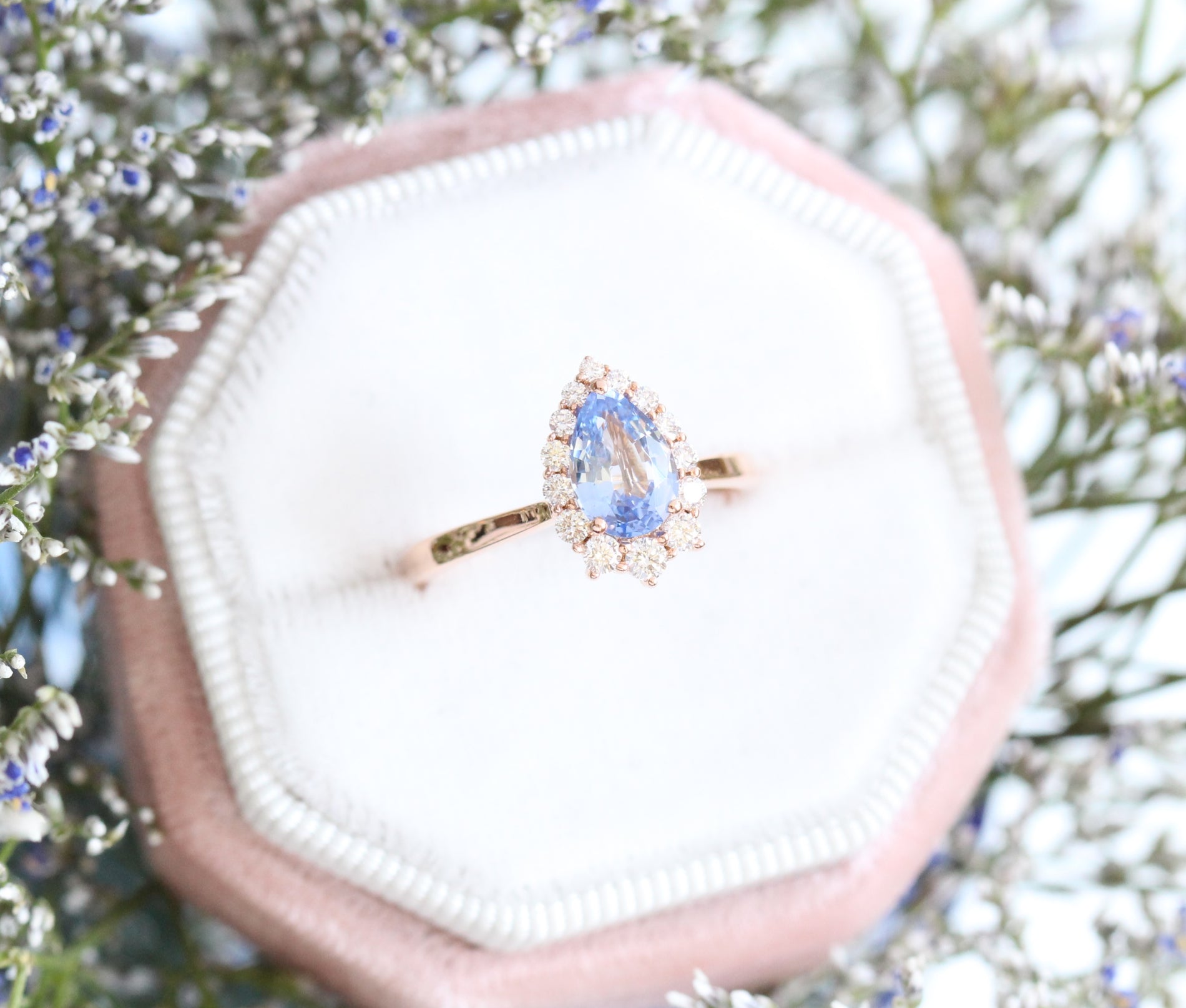Aqua Blue Sapphire Engagement Ring in Rose Gold Halo Diamond Pear Ring by La More Design Jewelry