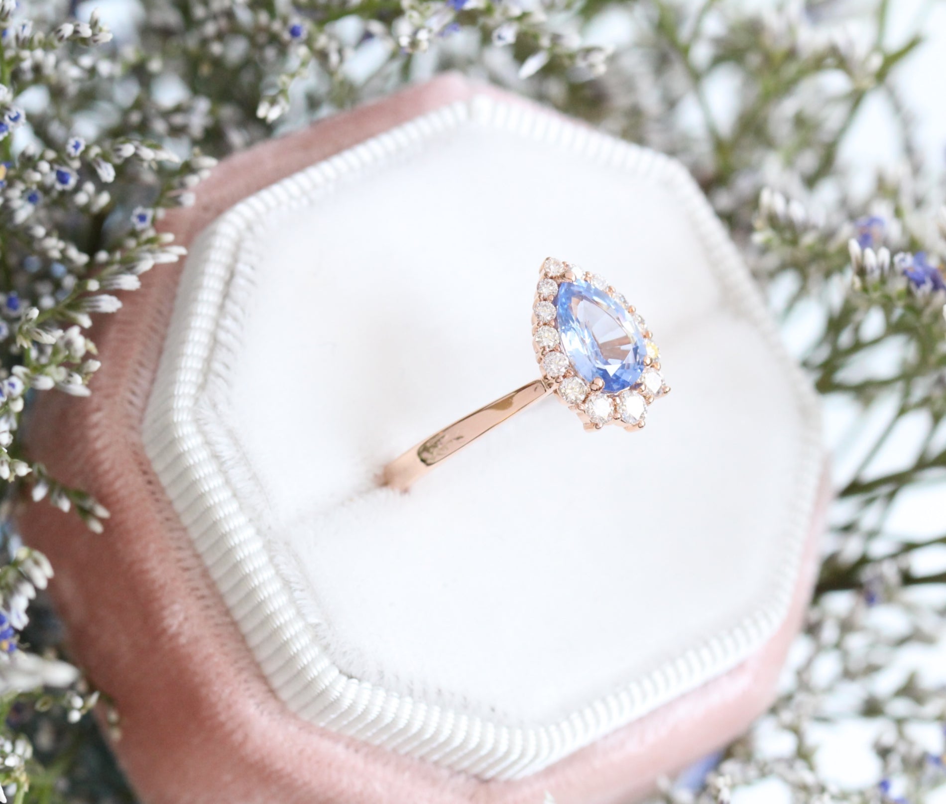 Aqua Blue Sapphire Engagement Ring in Rose Gold Halo Diamond Pear Ring by La More Design Jewelry