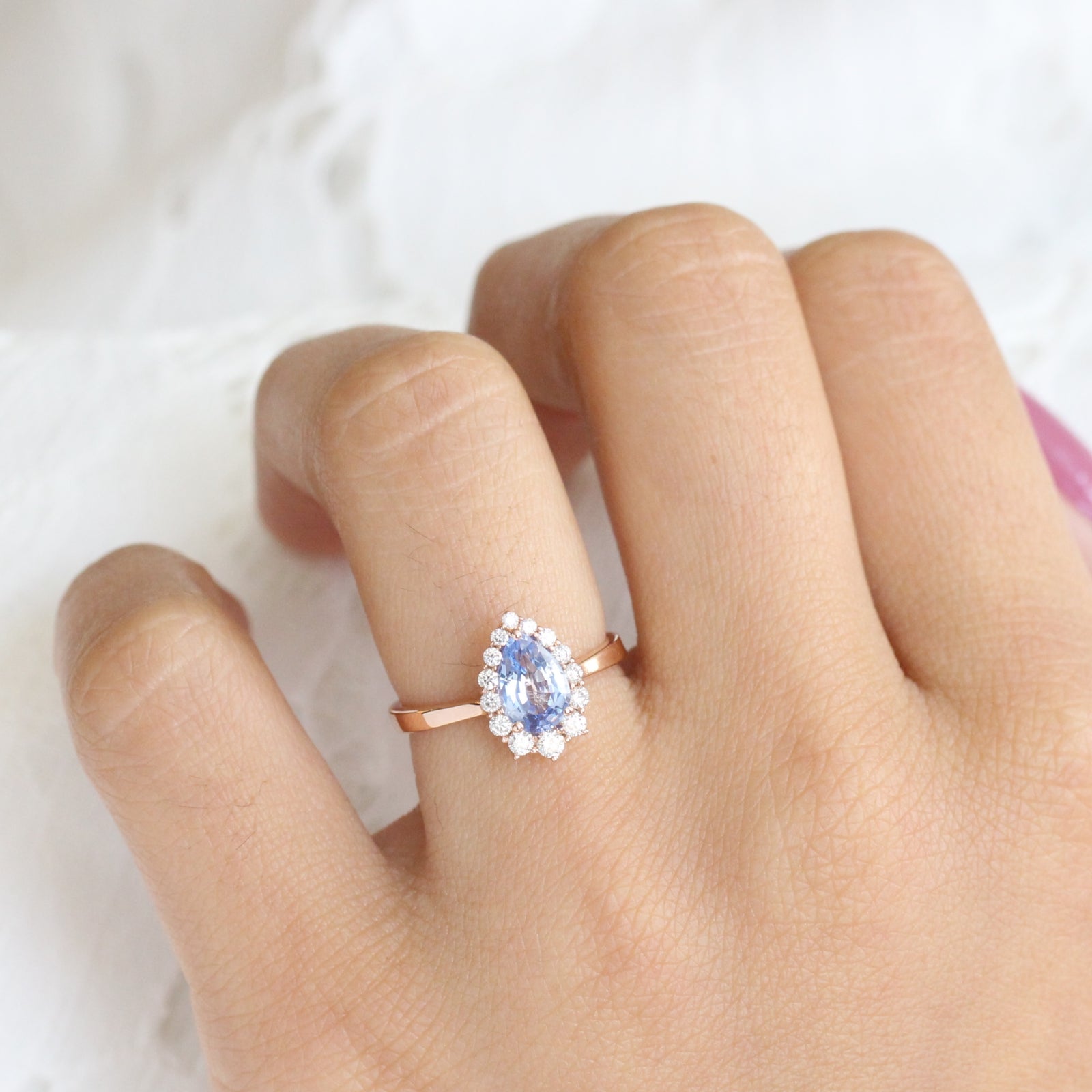 Aqua Blue Sapphire Engagement Ring in Rose Gold Halo Diamond Pear Ring by La More Design Jewelry