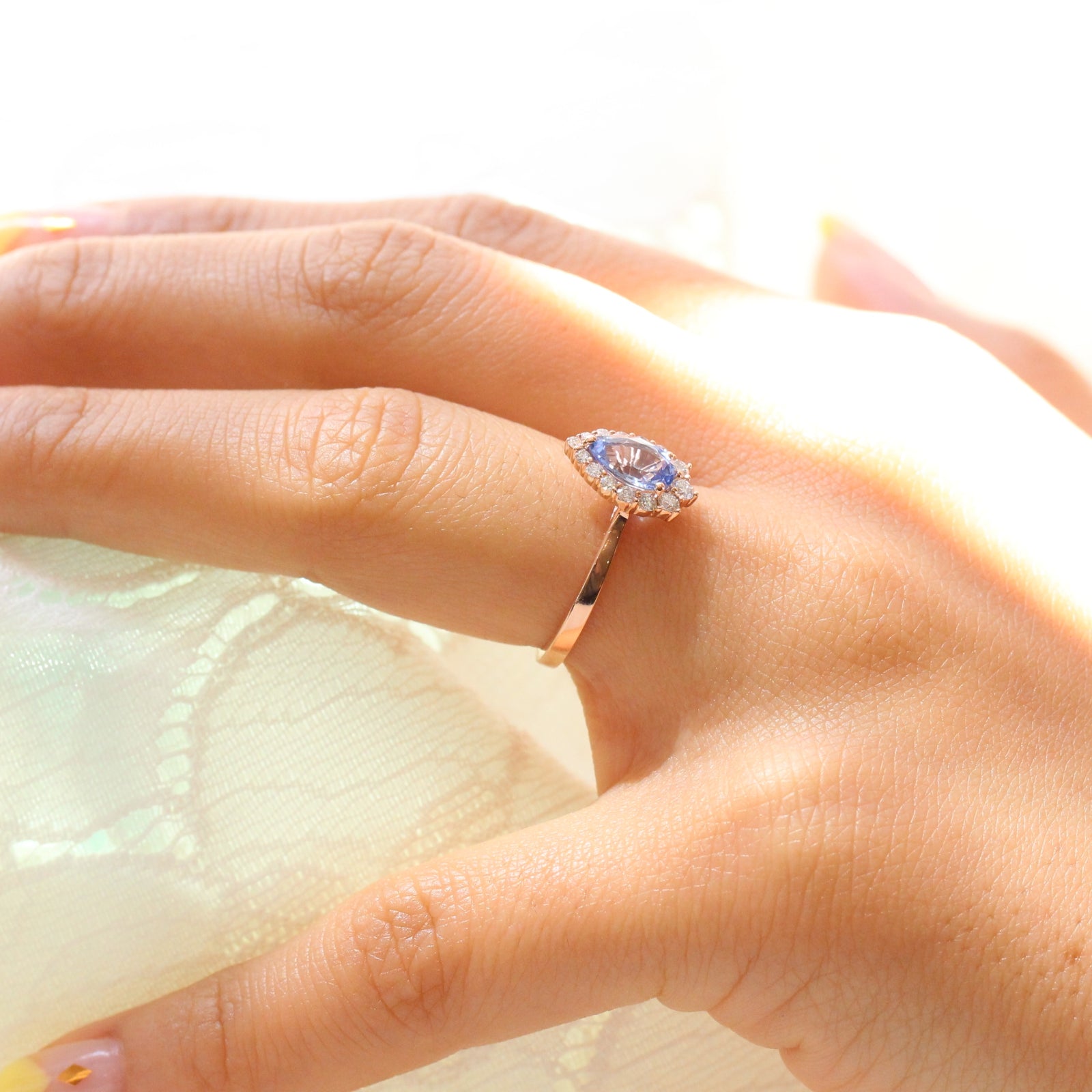 Aqua Blue Sapphire Engagement Ring in Rose Gold Halo Diamond Pear Ring by La More Design Jewelry