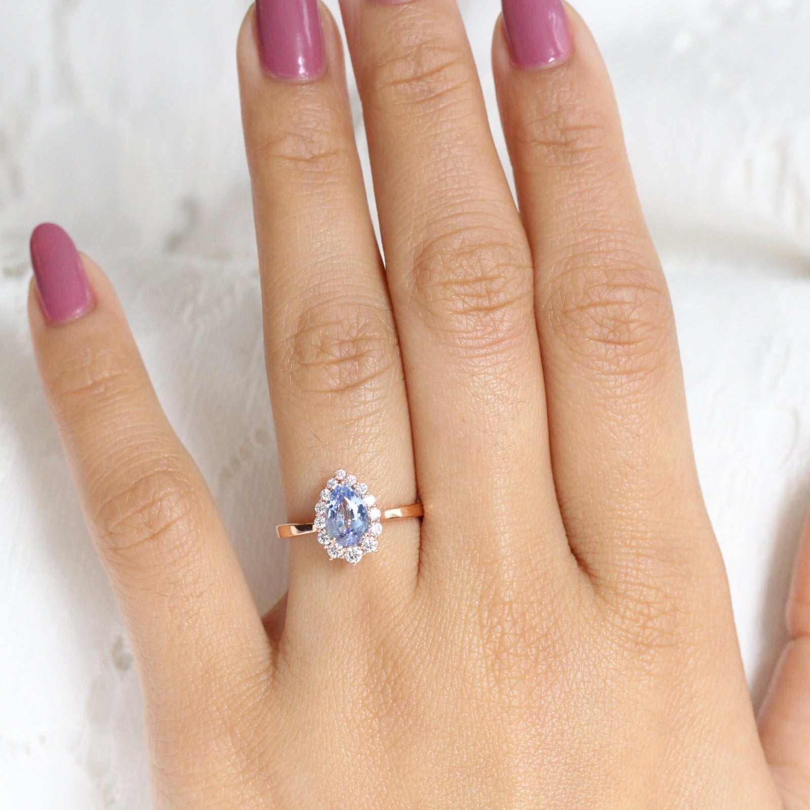 Aqua Blue Sapphire Engagement Ring in Rose Gold Halo Diamond Pear Ring by La More Design Jewelry