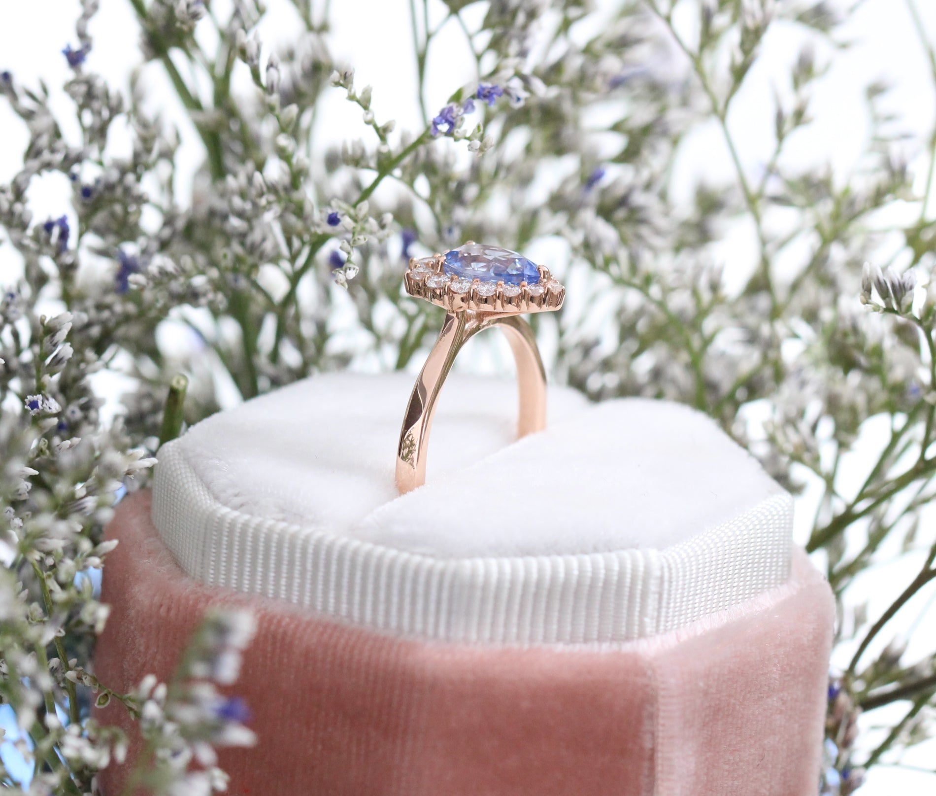 Aqua Blue Sapphire Engagement Ring in Rose Gold Halo Diamond Pear Ring by La More Design Jewelry