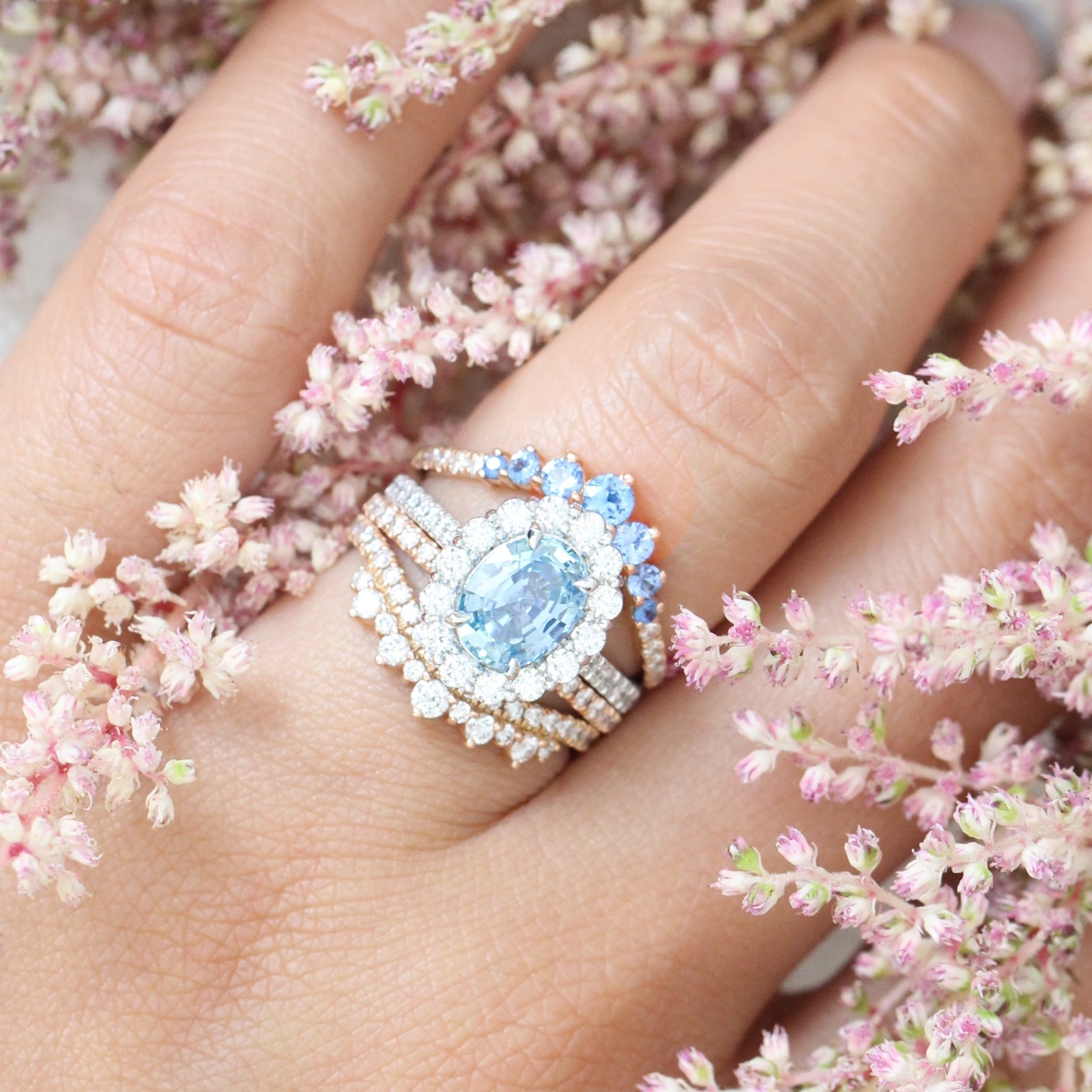 Aqua blue sapphire engagement ring diamond stacking ring set rose gold by la more design jewelry