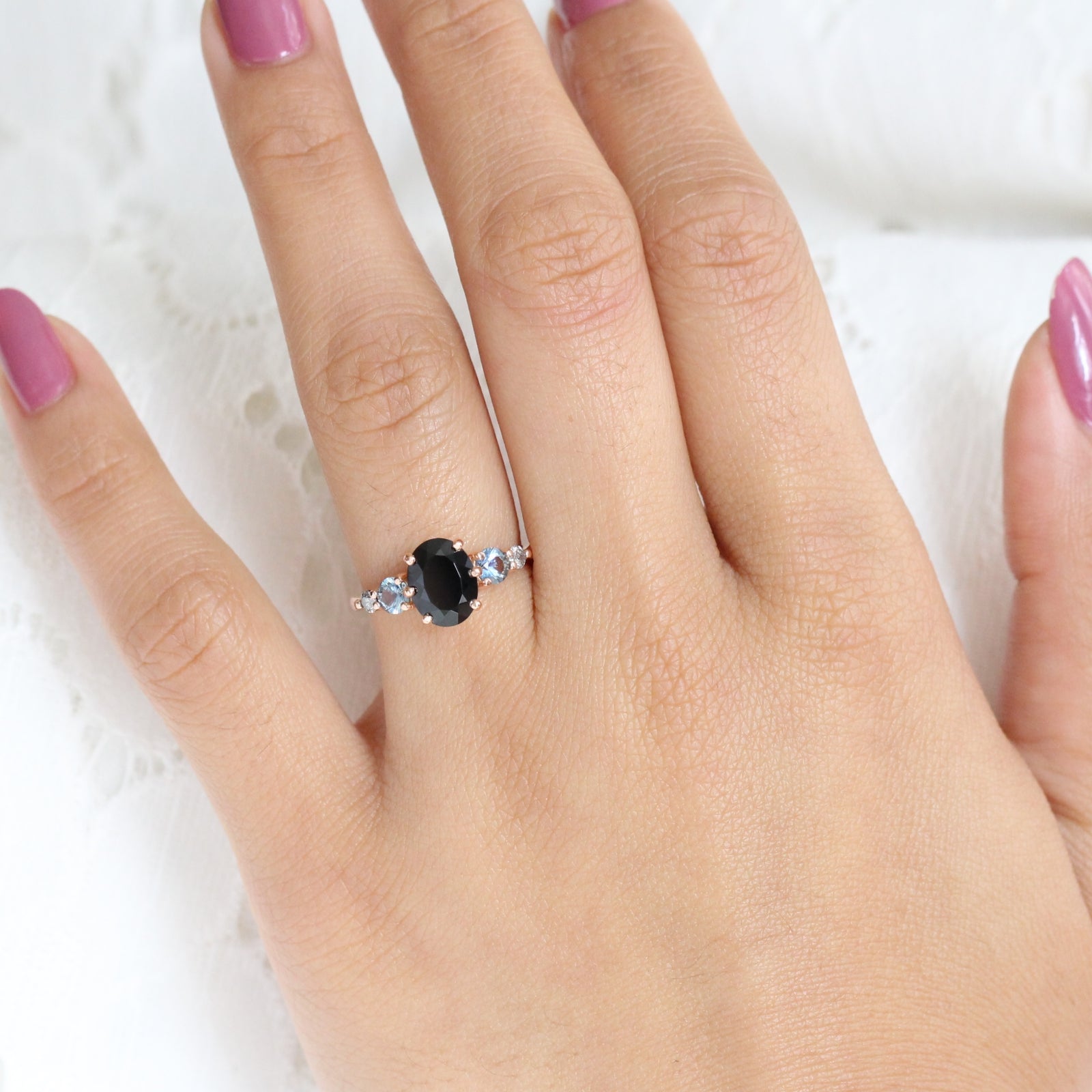 Black Spinel and Montana Sapphire Engagement Ring in Rose Gold 5 Stone Diamond Ring by La More Design Jewelry