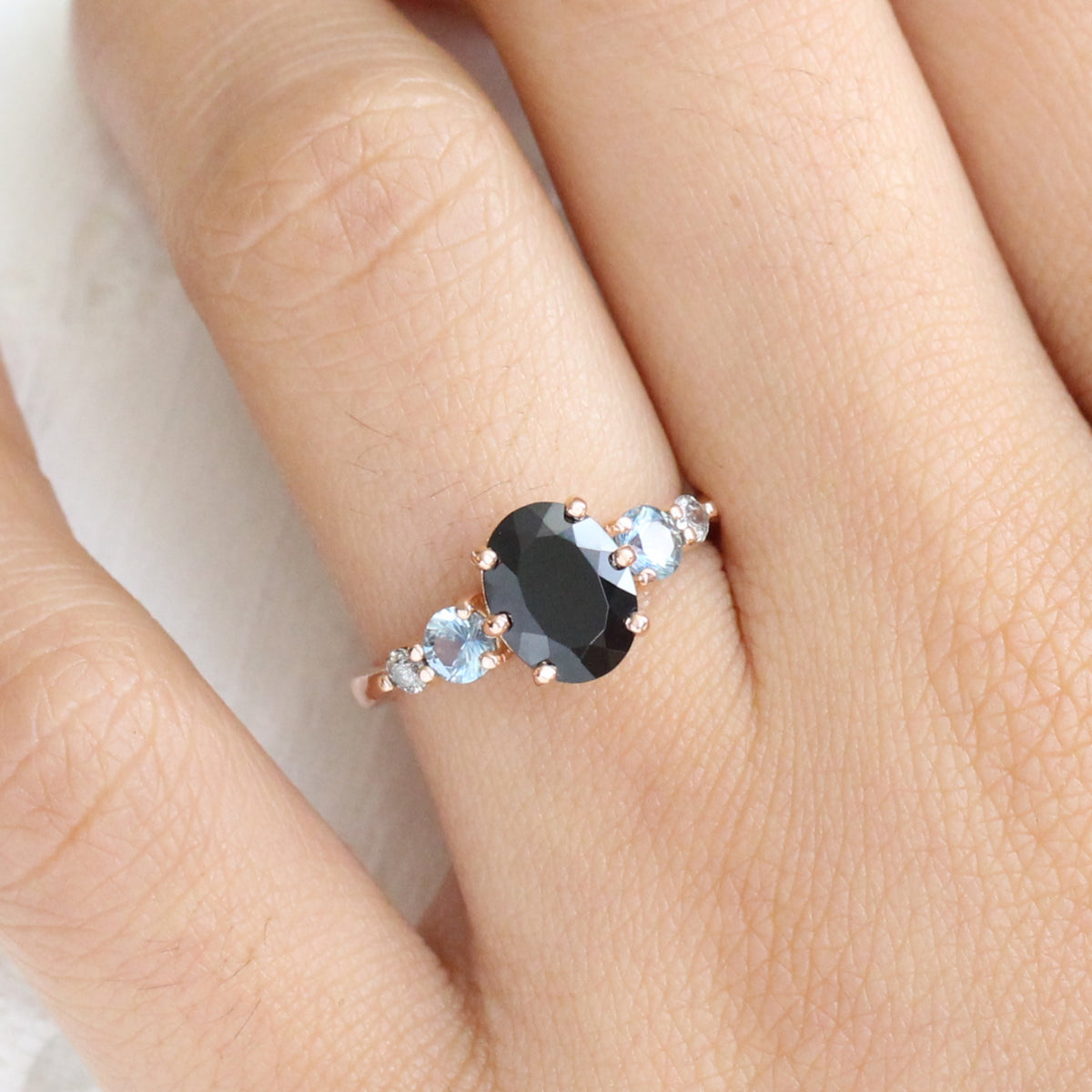 Black Spinel and Montana Sapphire Engagement Ring in Rose Gold 5 Stone Diamond Ring by La More Design Jewelry