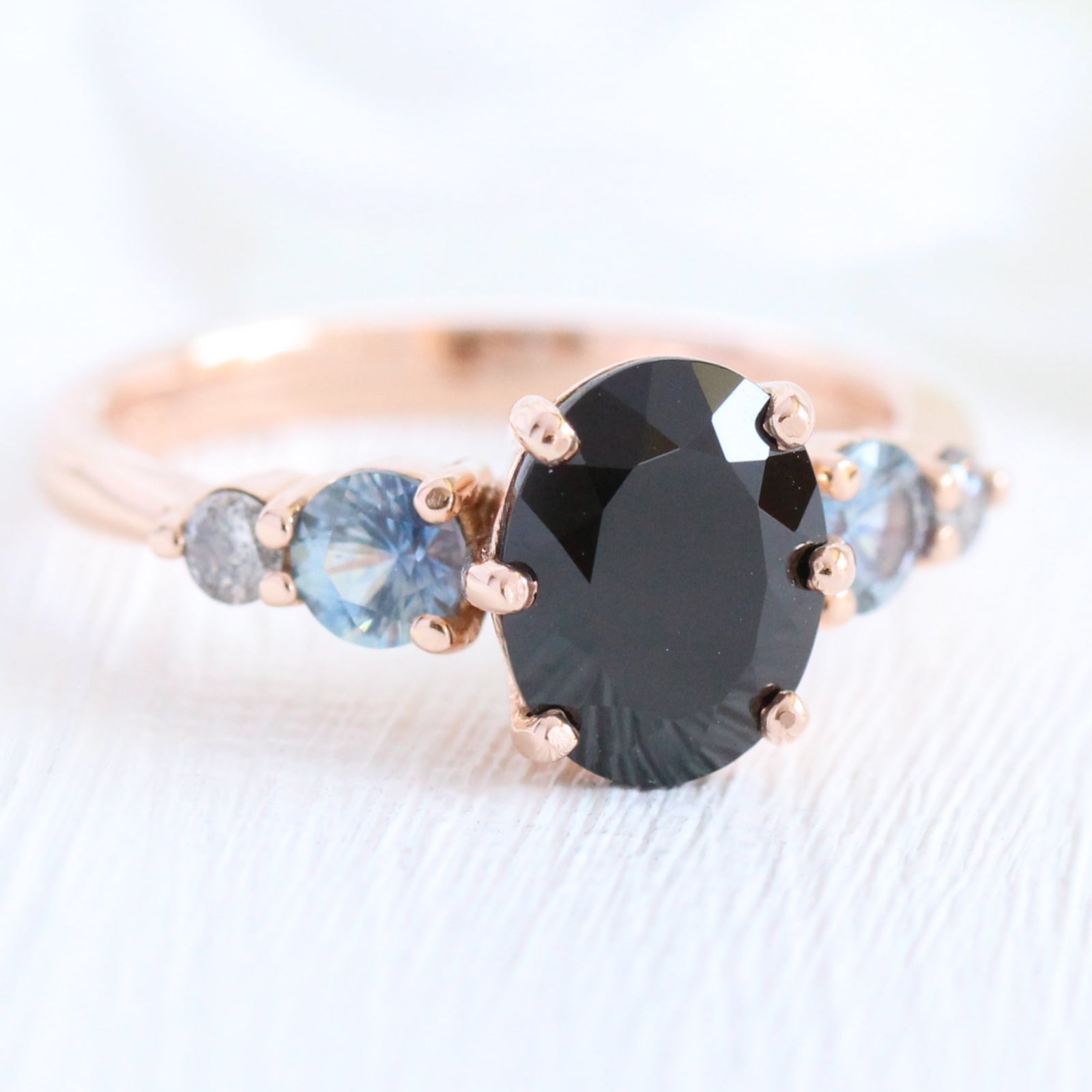 Black Spinel and Sapphire Engagement Ring in Rose Gold 5 Stone Diamond Ring by La More Design Jewelry