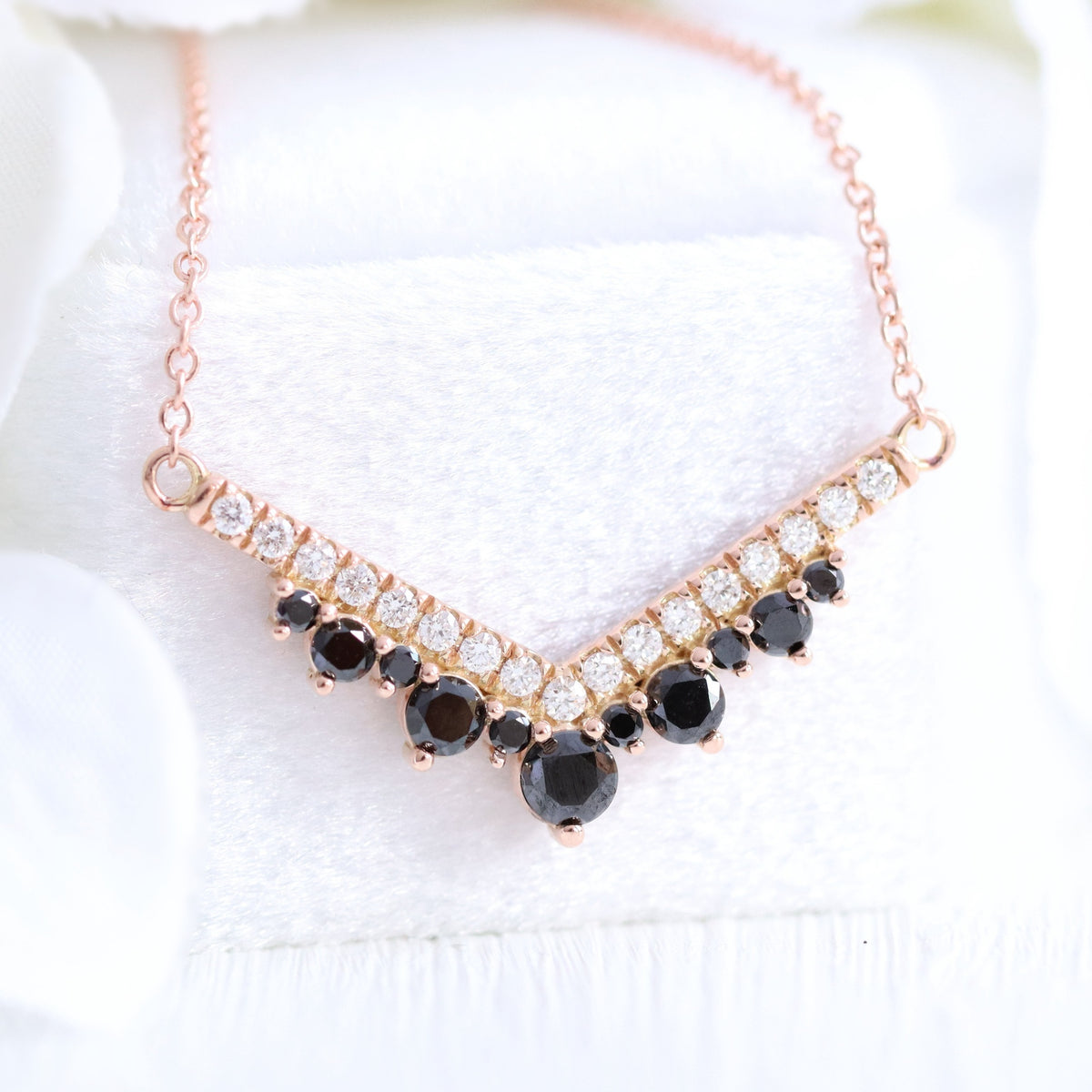 Black and white diamond pendant rose gold v shaped black diamond necklace la more design jewelry