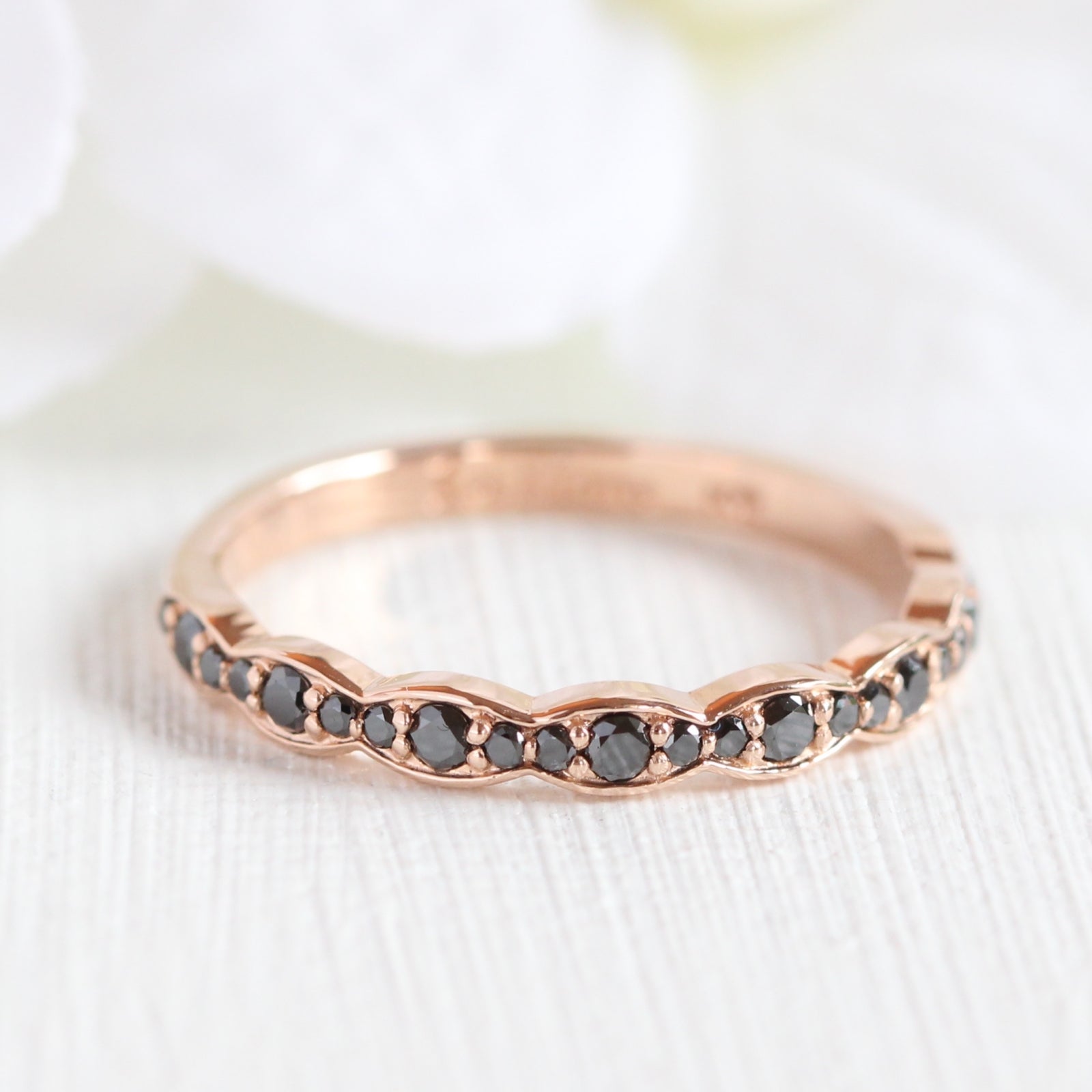 Black diamond wedding ring in rose gold scalloped band by la more design