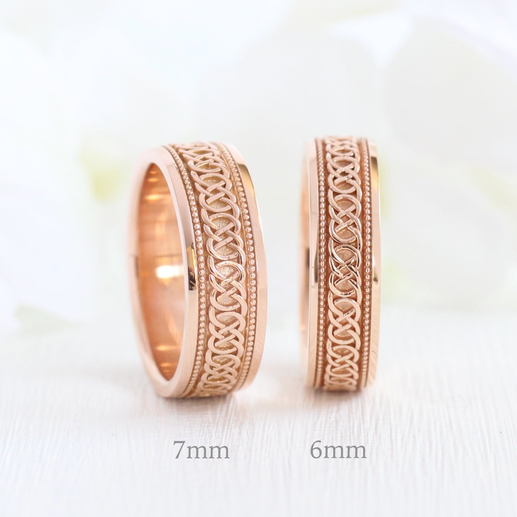 Celtic Knot Wedding Ring Rose Gold 7mm Band vs 6mm la more design jewelry 