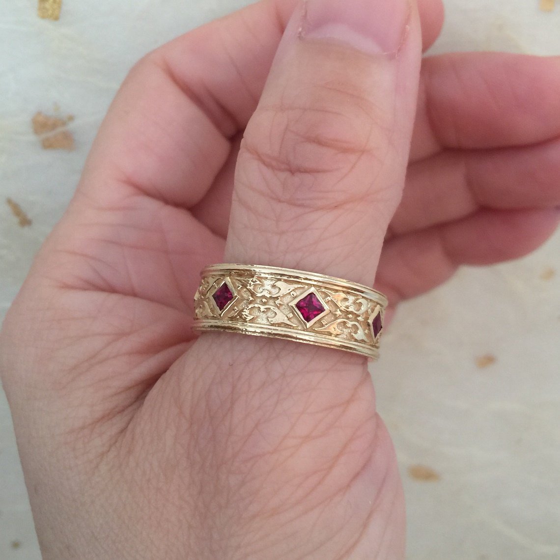 Celtic Mens Wedding Band Princess Cut Ruby in 14k Yellow Gold 8mm Wide Ring by la more design