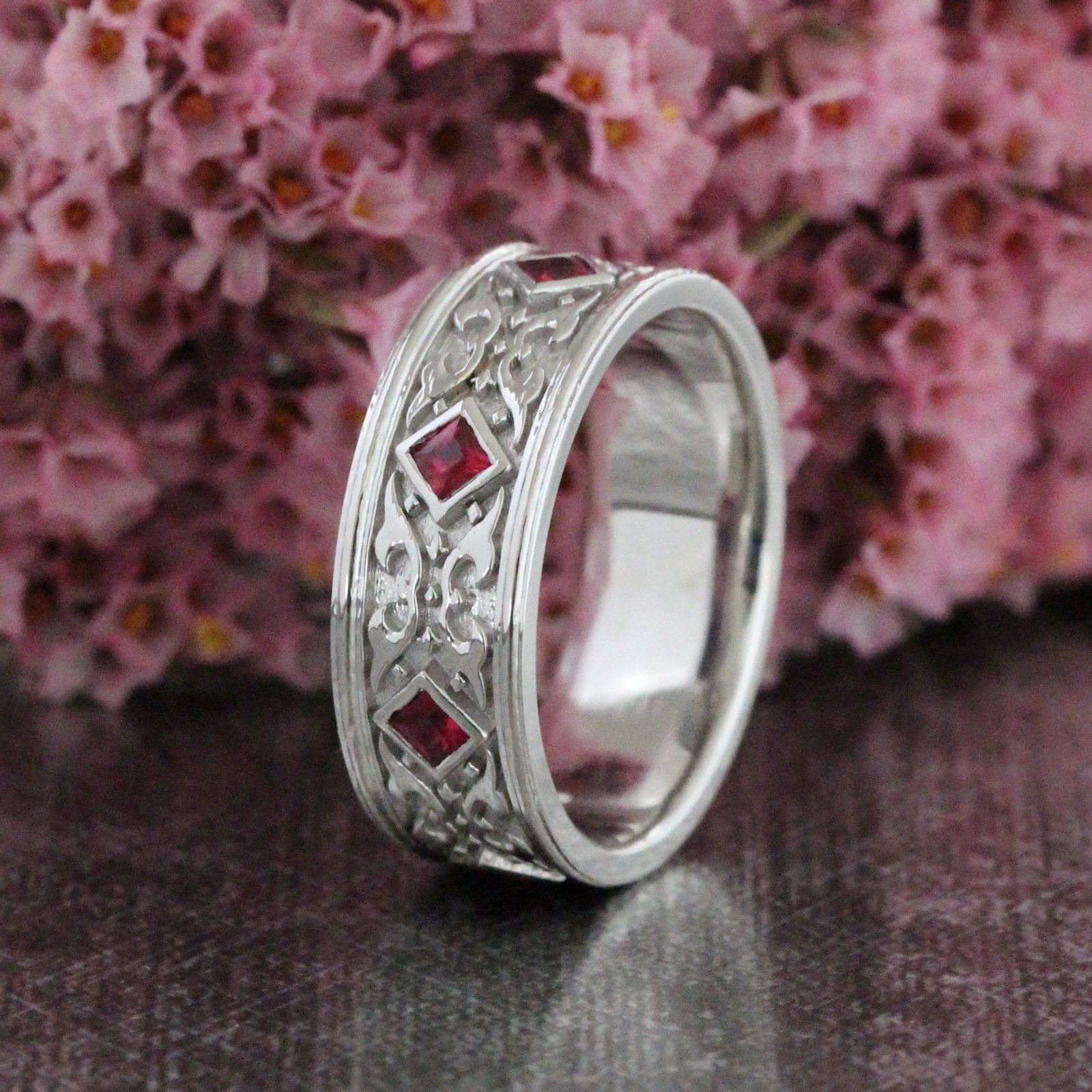 Celtic Mens Wedding Band Princess Cut Ruby in 14k Yellow Gold 8mm Wide Ring by la more design