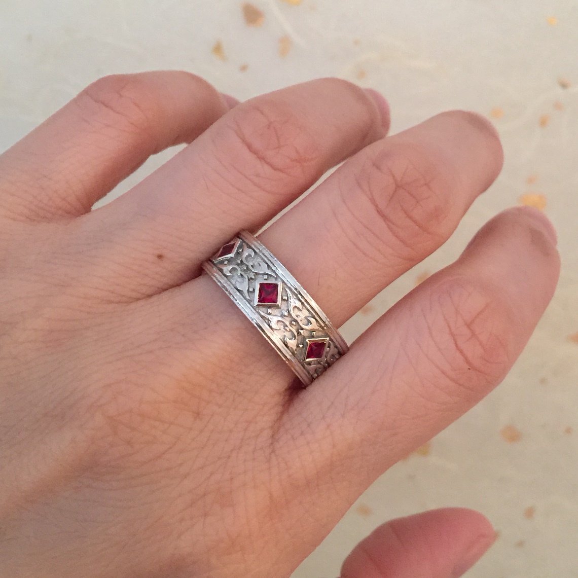 Celtic Mens Wedding Band Princess Cut Ruby in 14k Yellow Gold 8mm Wide Ring by la more design