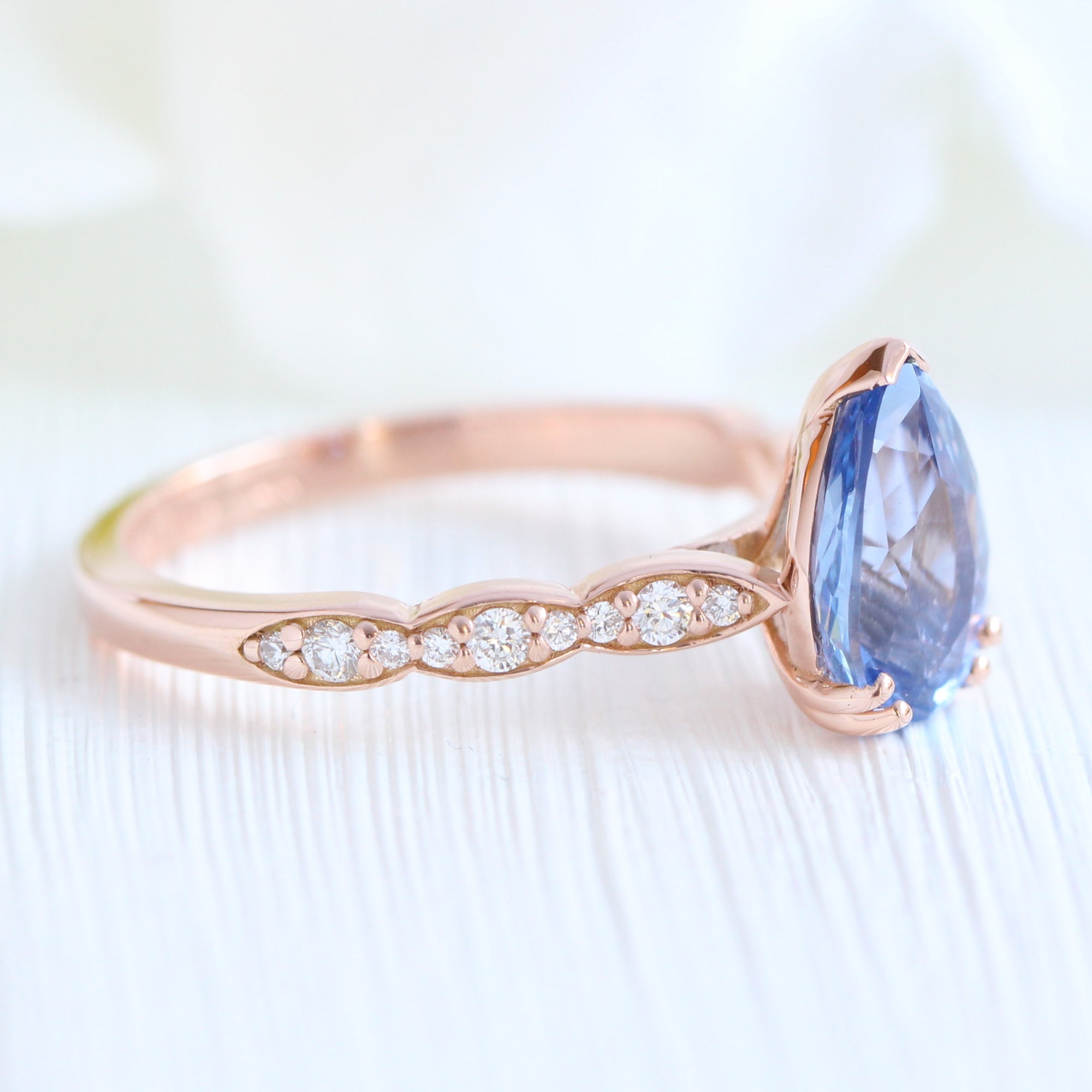 Ceylon blue sapphire ring rose gold solitaire pear engagement ring la more design jewelry