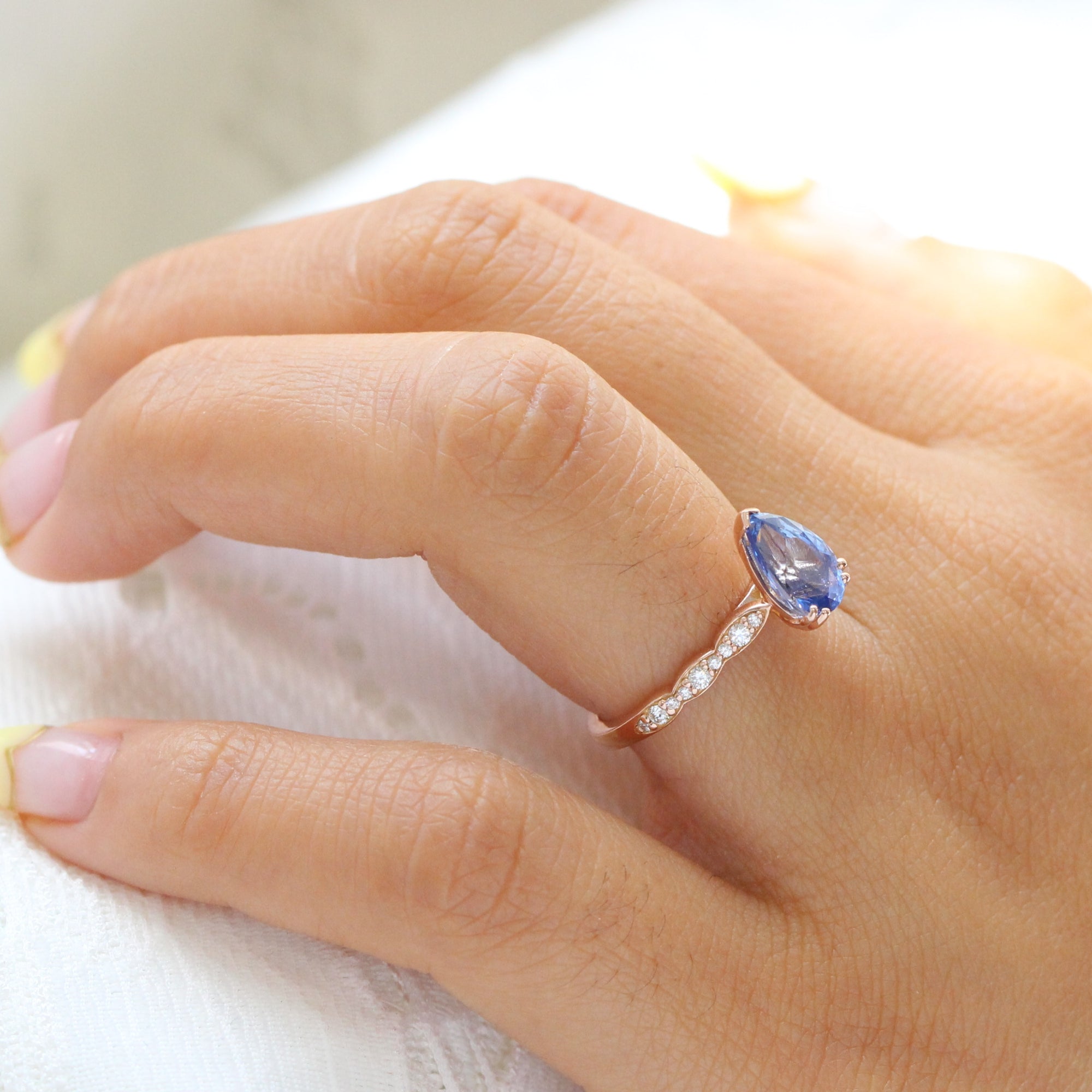 Ceylon blue sapphire ring rose gold solitaire pear engagement ring la more design jewelry
