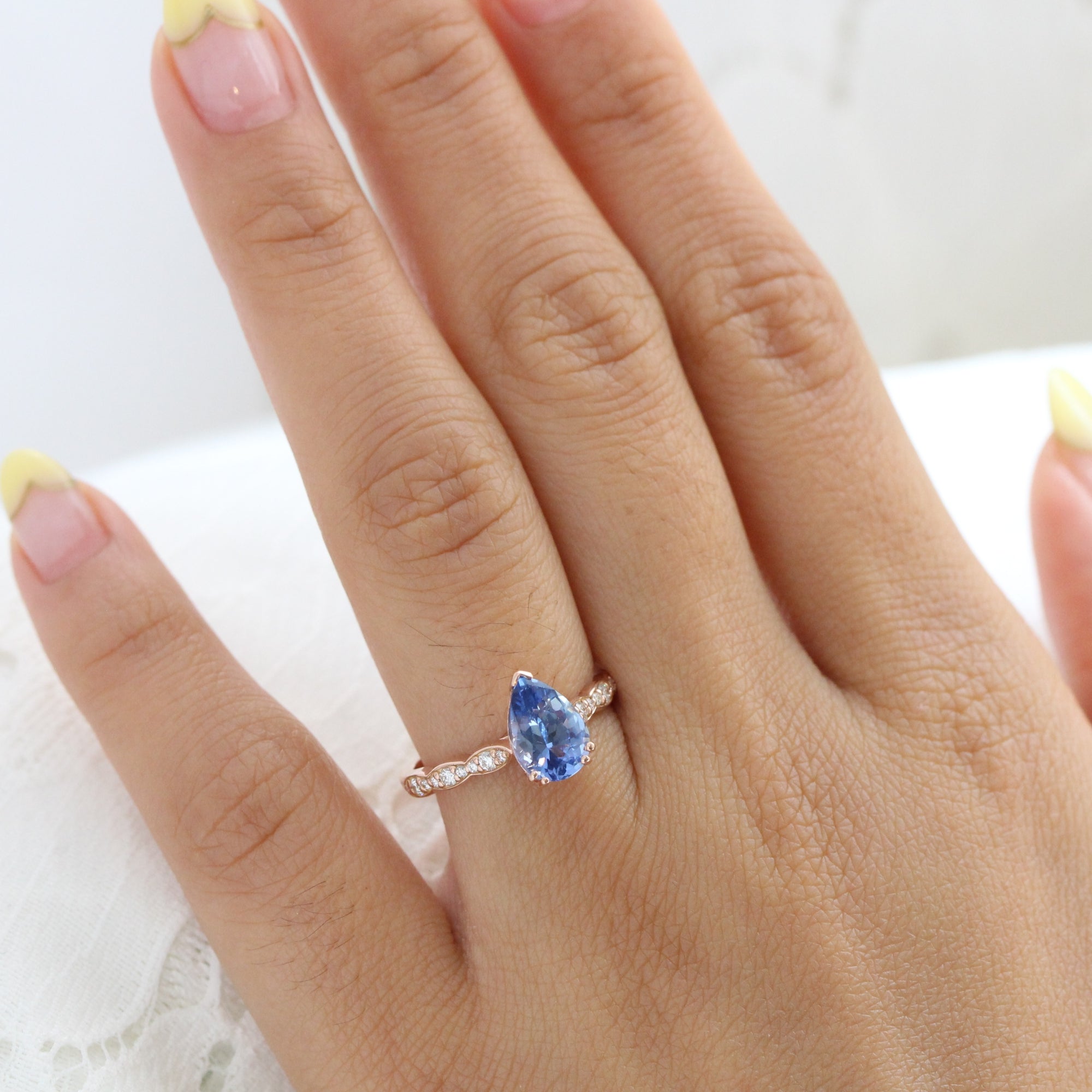 Ceylon blue sapphire ring rose gold solitaire pear engagement ring la more design jewelry