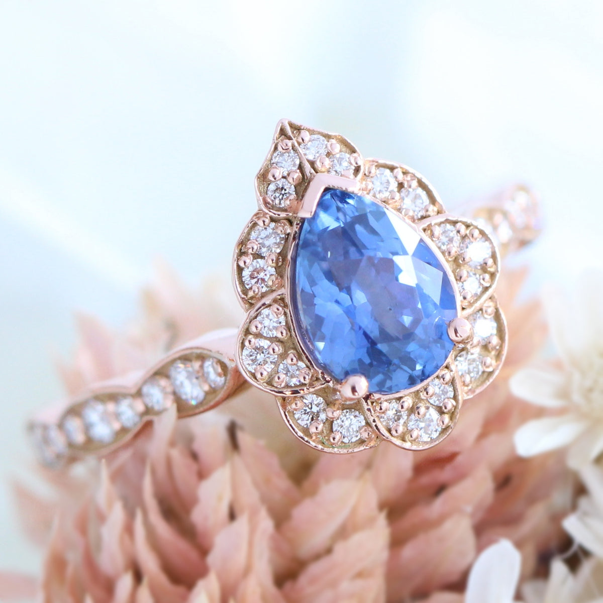 Ceylon sapphire ring rose gold pear engagement ring la more design jewelry