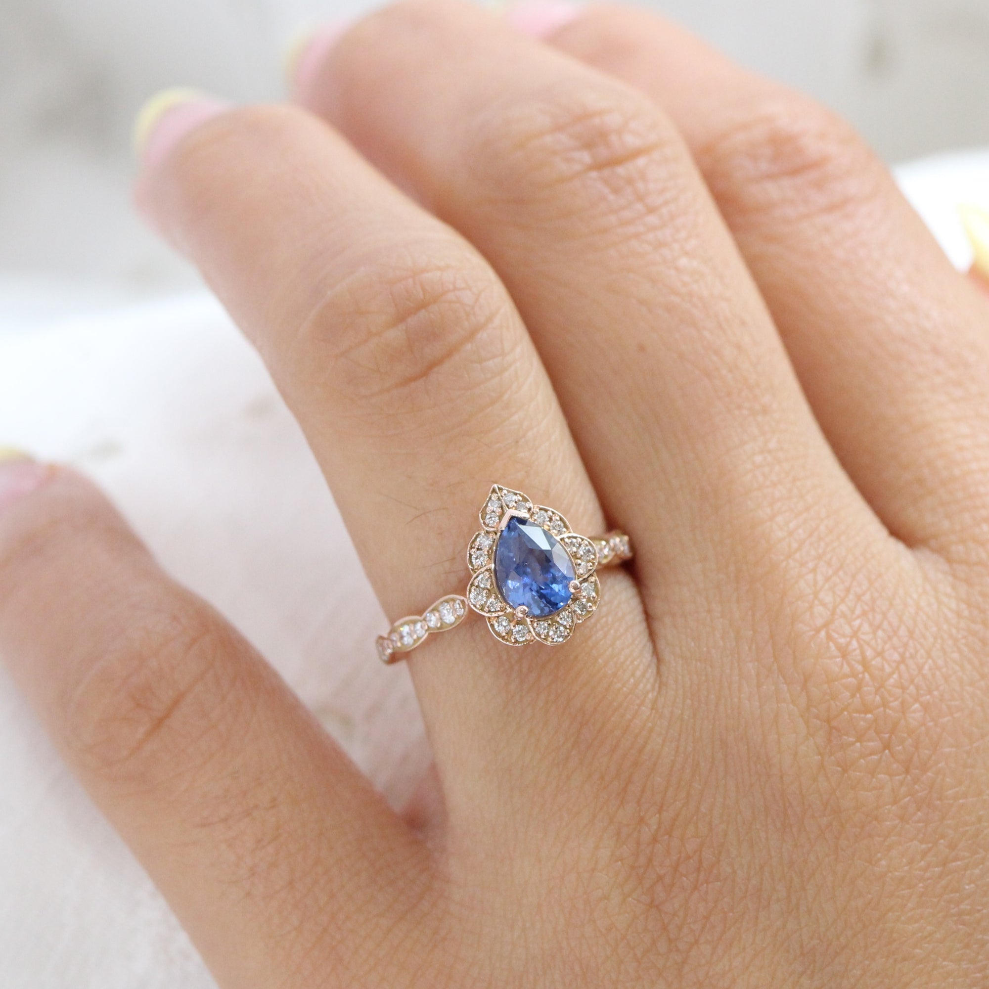 Ceylon sapphire ring rose gold pear engagement ring la more design jewelry