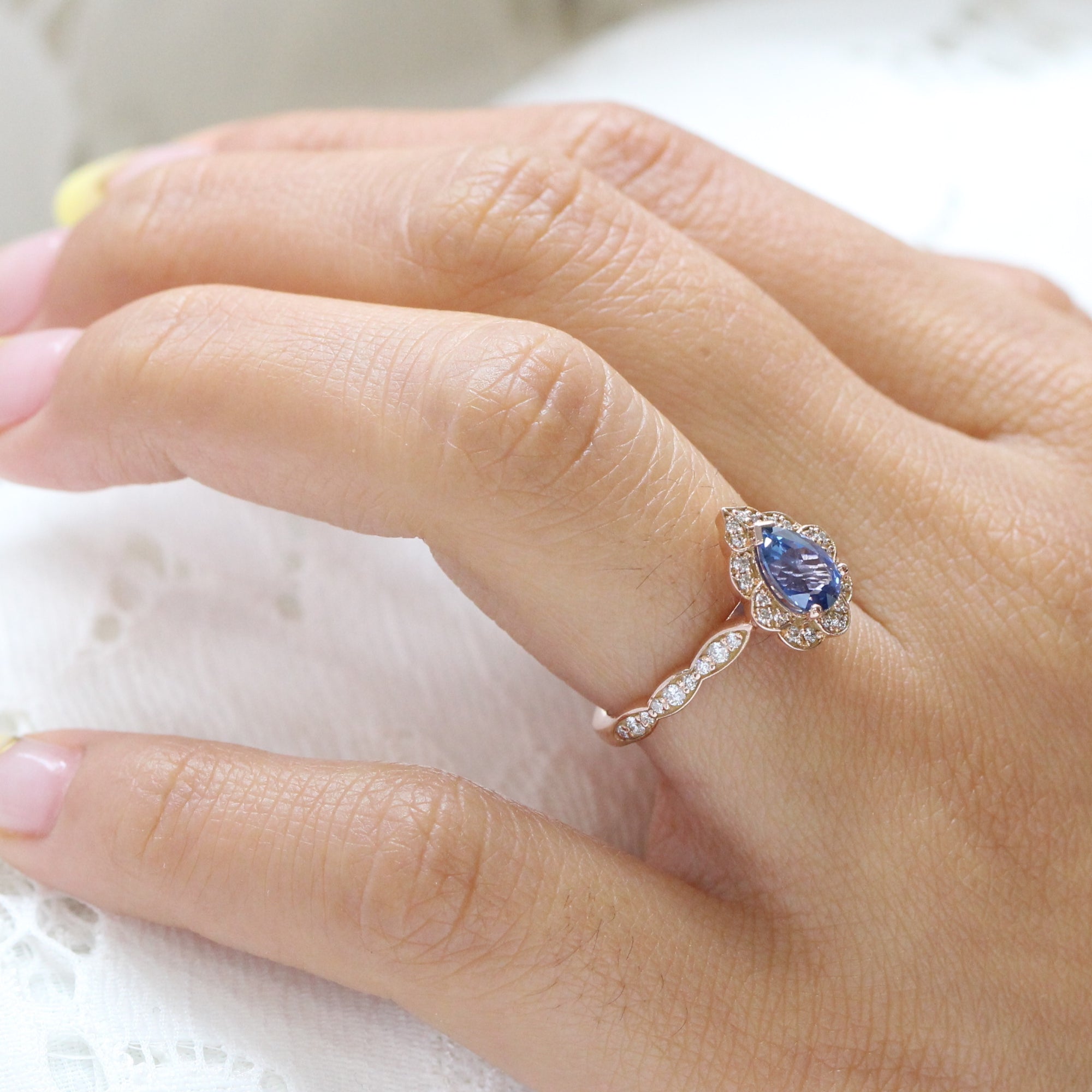Ceylon sapphire ring rose gold pear engagement ring la more design jewelry