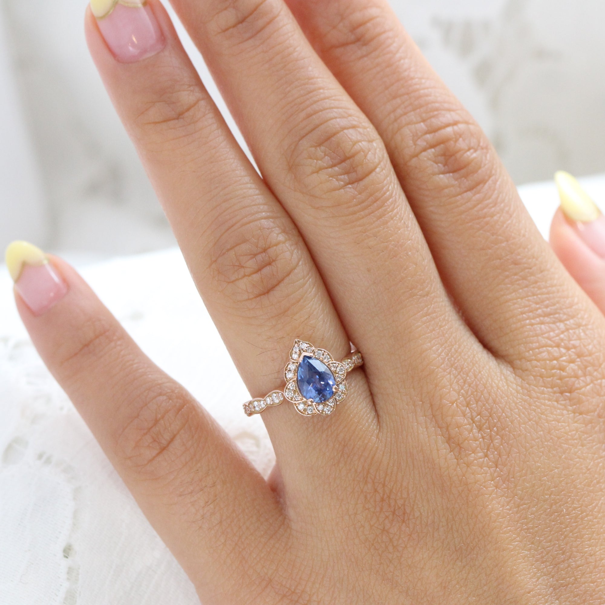 Ceylon sapphire ring rose gold pear engagement ring la more design jewelry
