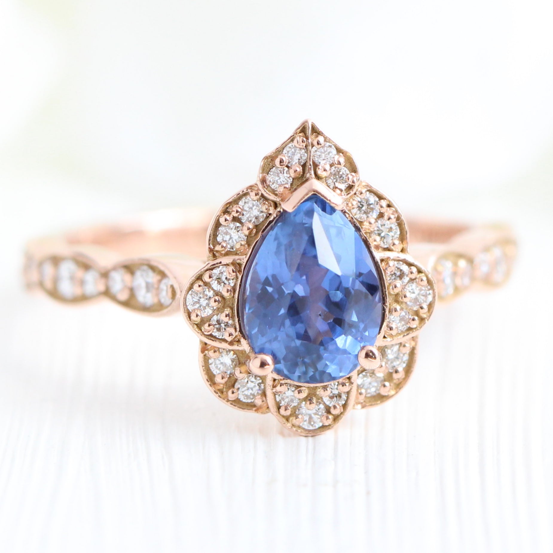Ceylon sapphire ring rose gold pear engagement ring la more design jewelry