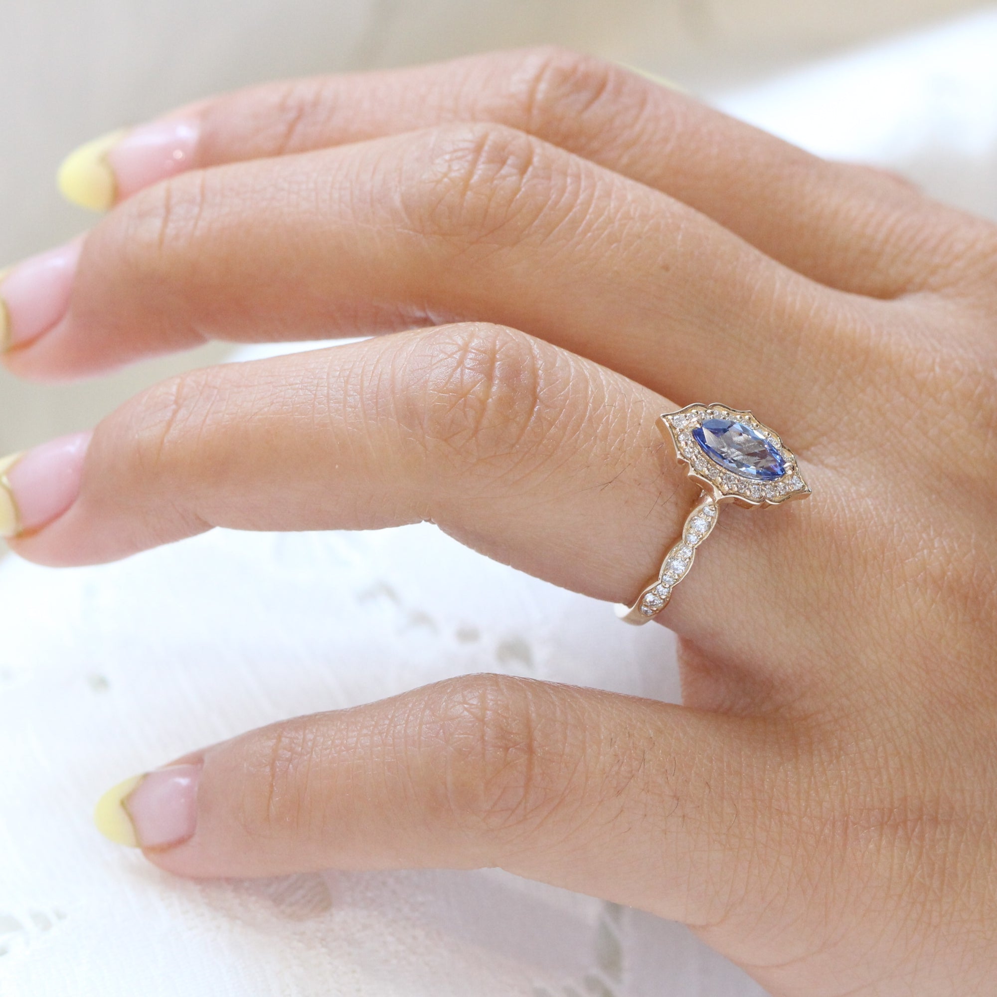 Ceylon sapphire ring yellow gold marquise engagement ring la more design jewelry