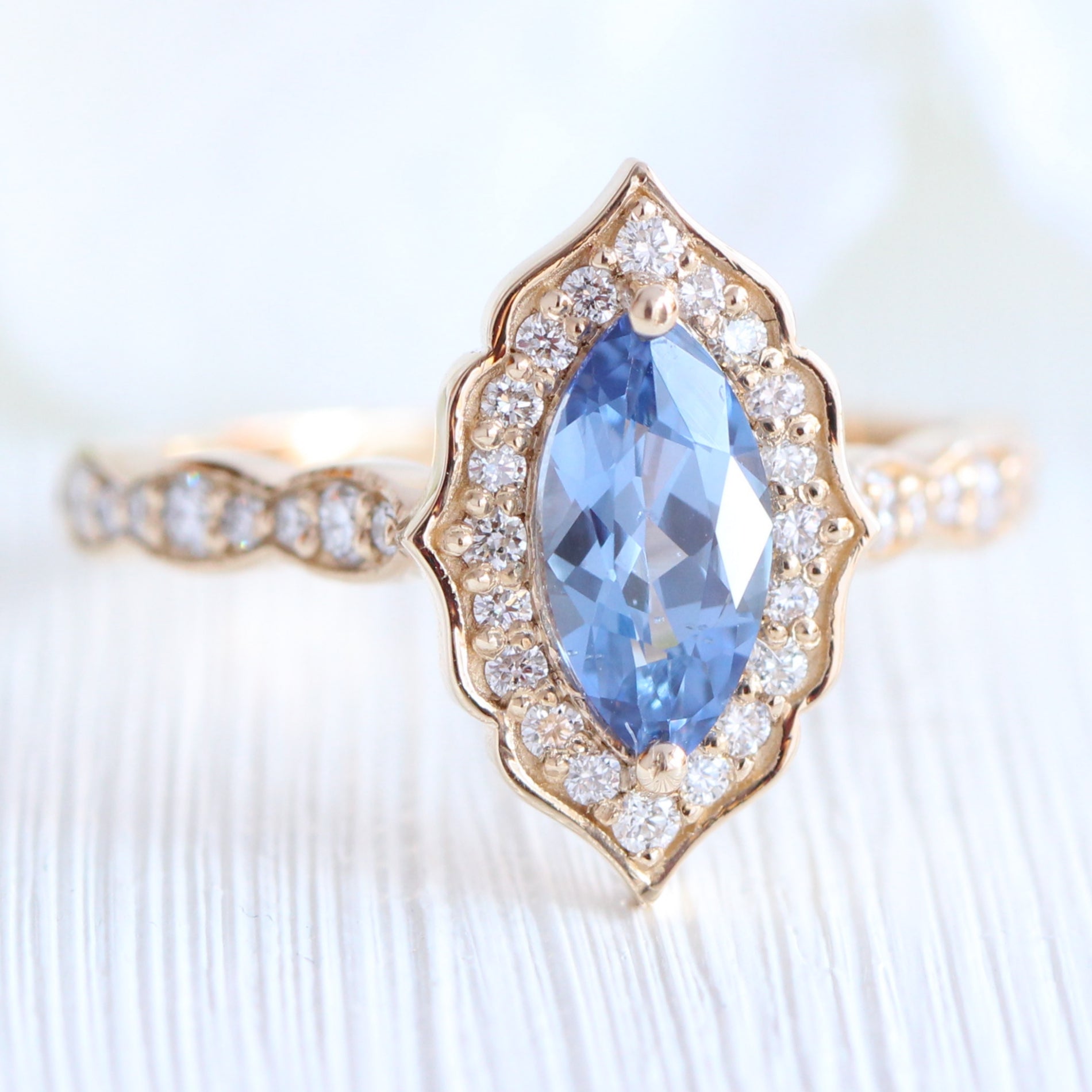 Ceylon Blue Sapphire Diamond Engagement Ring Yellow Gold Marquise