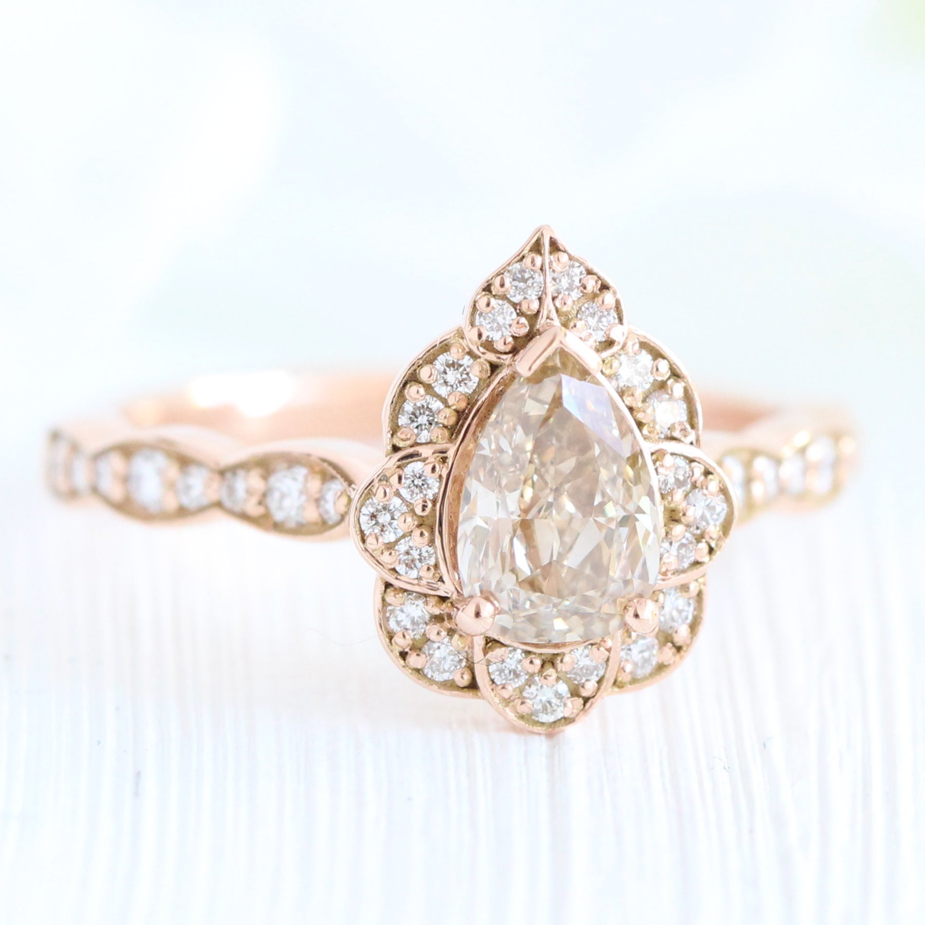 Champagne Diamond Engagement Ring in Rose Gold Vintage Floral Pear Ring by La More Design Jewelry