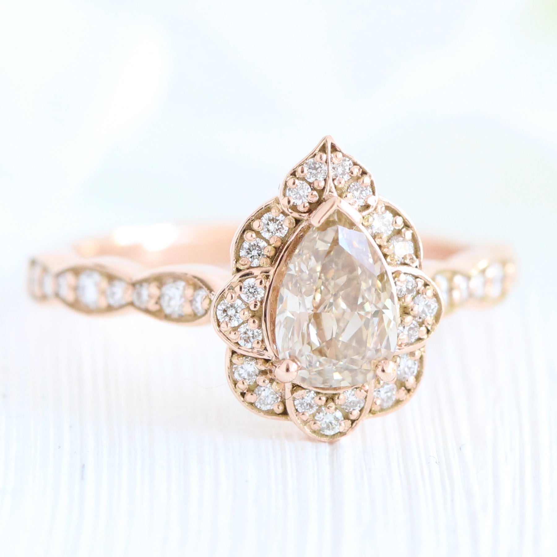 Champagne Diamond Engagement Ring in Rose Gold Vintage Floral Pear Ring by La More Design Jewelry