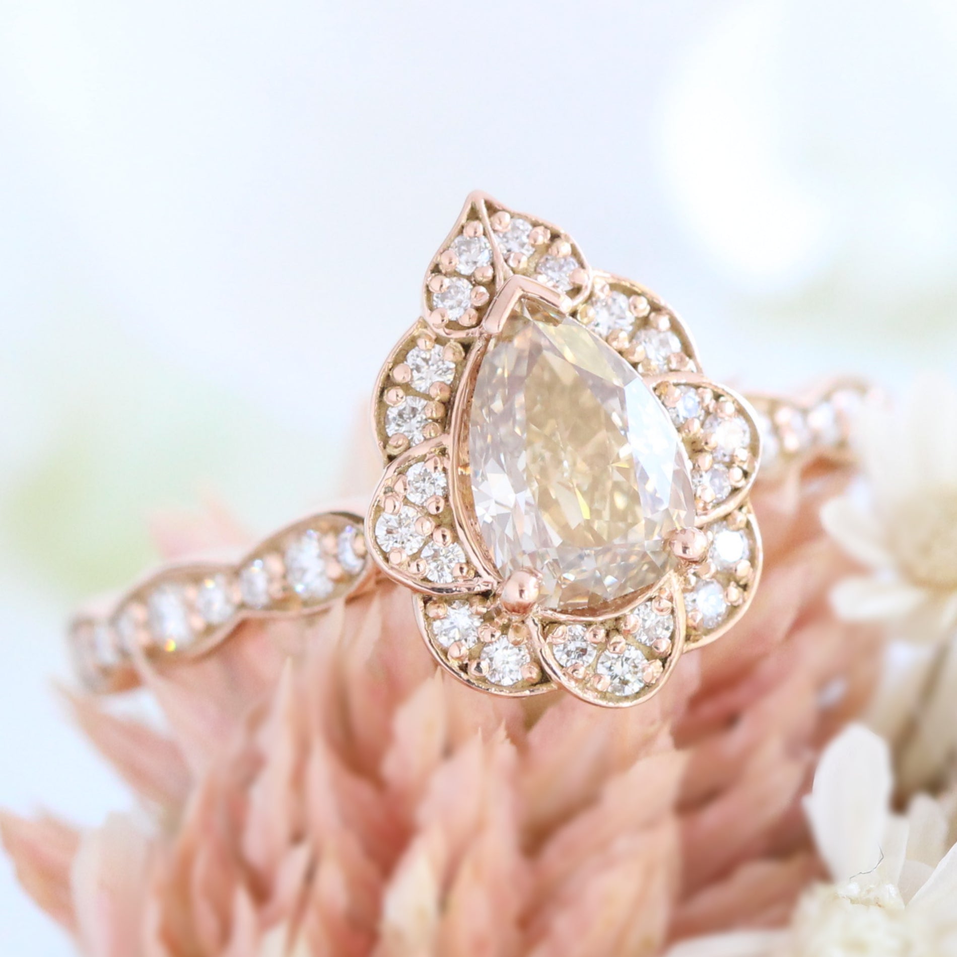 Champagne Diamond Engagement Ring in Rose Gold Vintage Floral Pear Ring by La More Design Jewelry