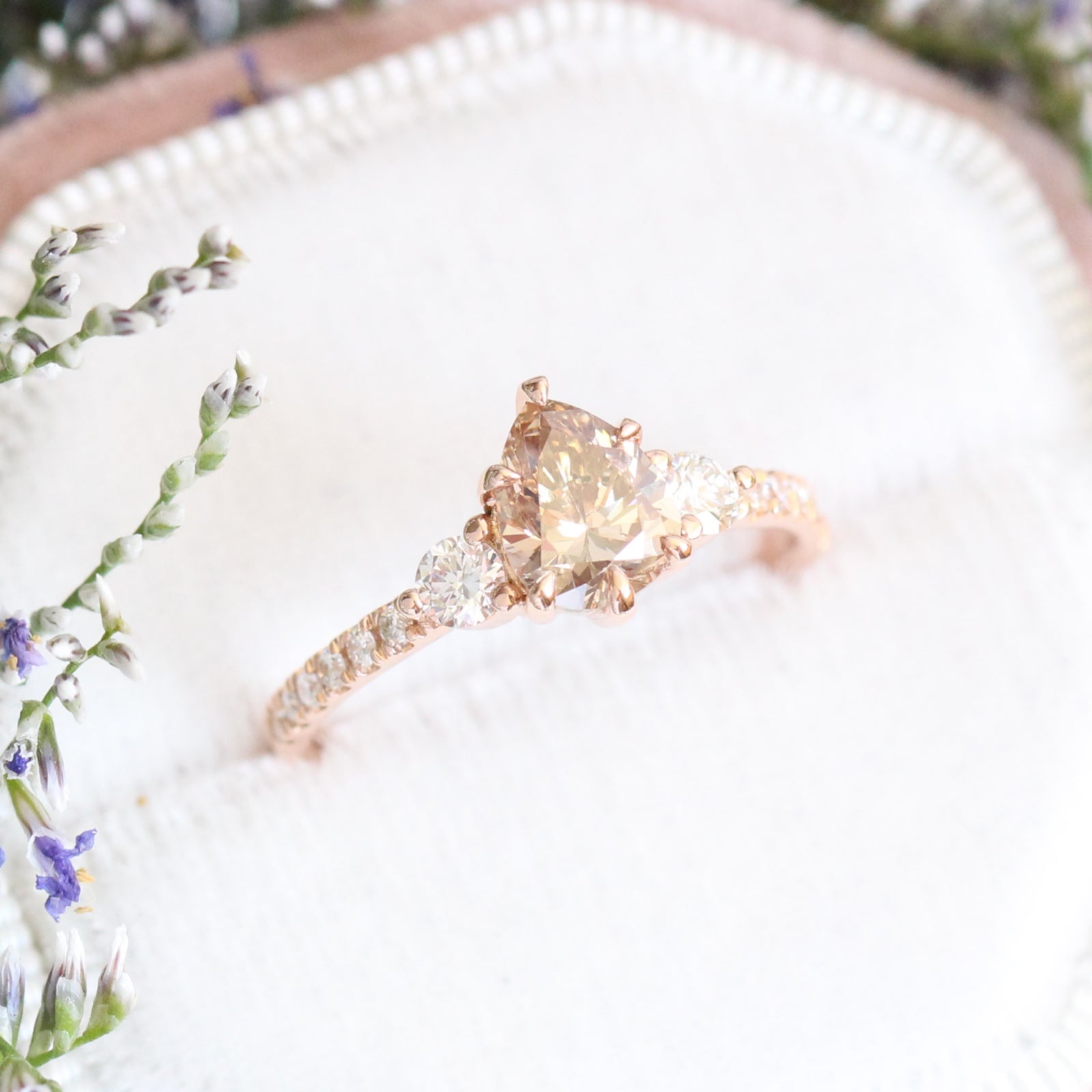 Champagne Diamond Engagement Ring in Rose Gold 3 Stone Pear Ring by La More Design Jewelry