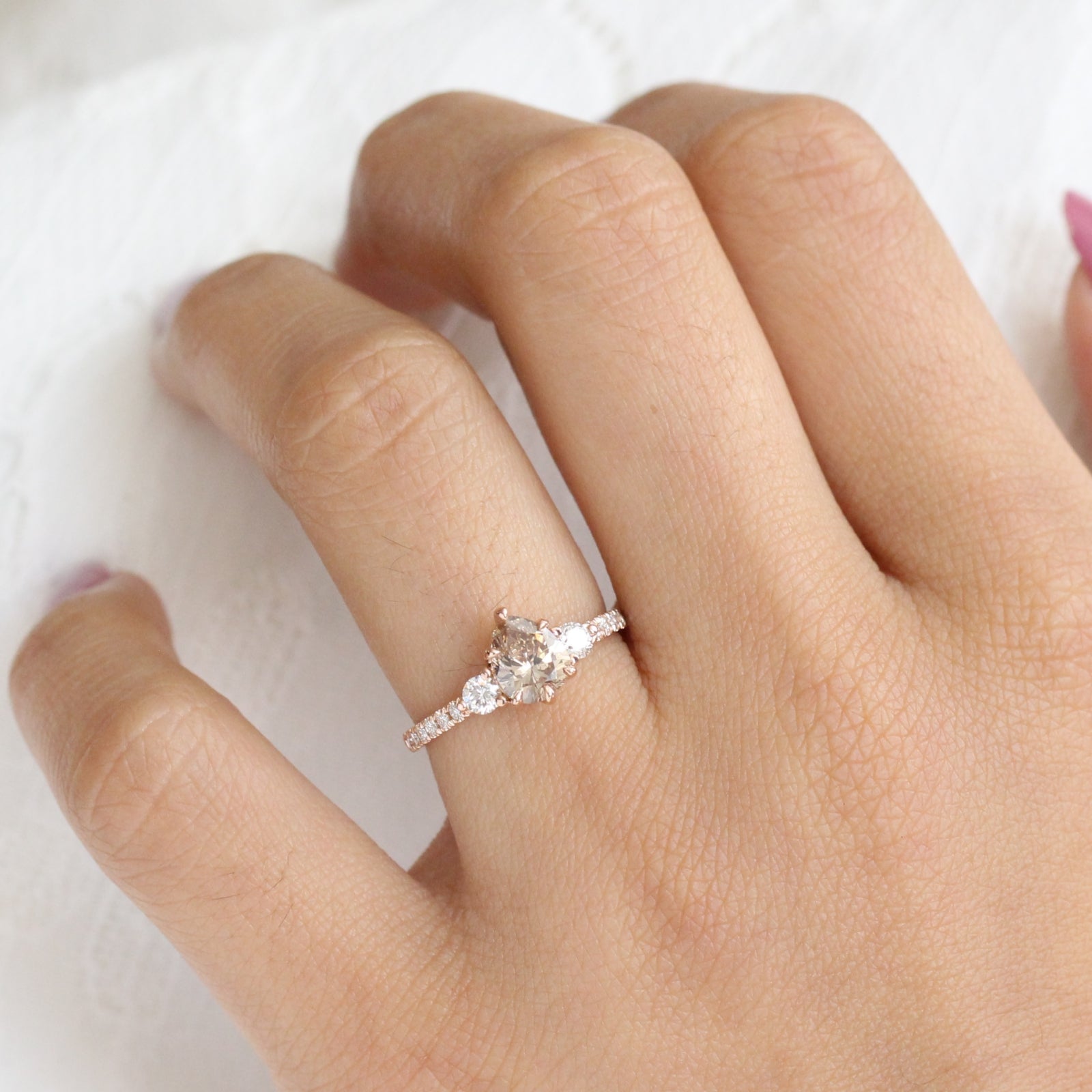 Champagne Diamond Engagement Ring in Rose Gold 3 Stone Pear Ring by La More Design Jewelry