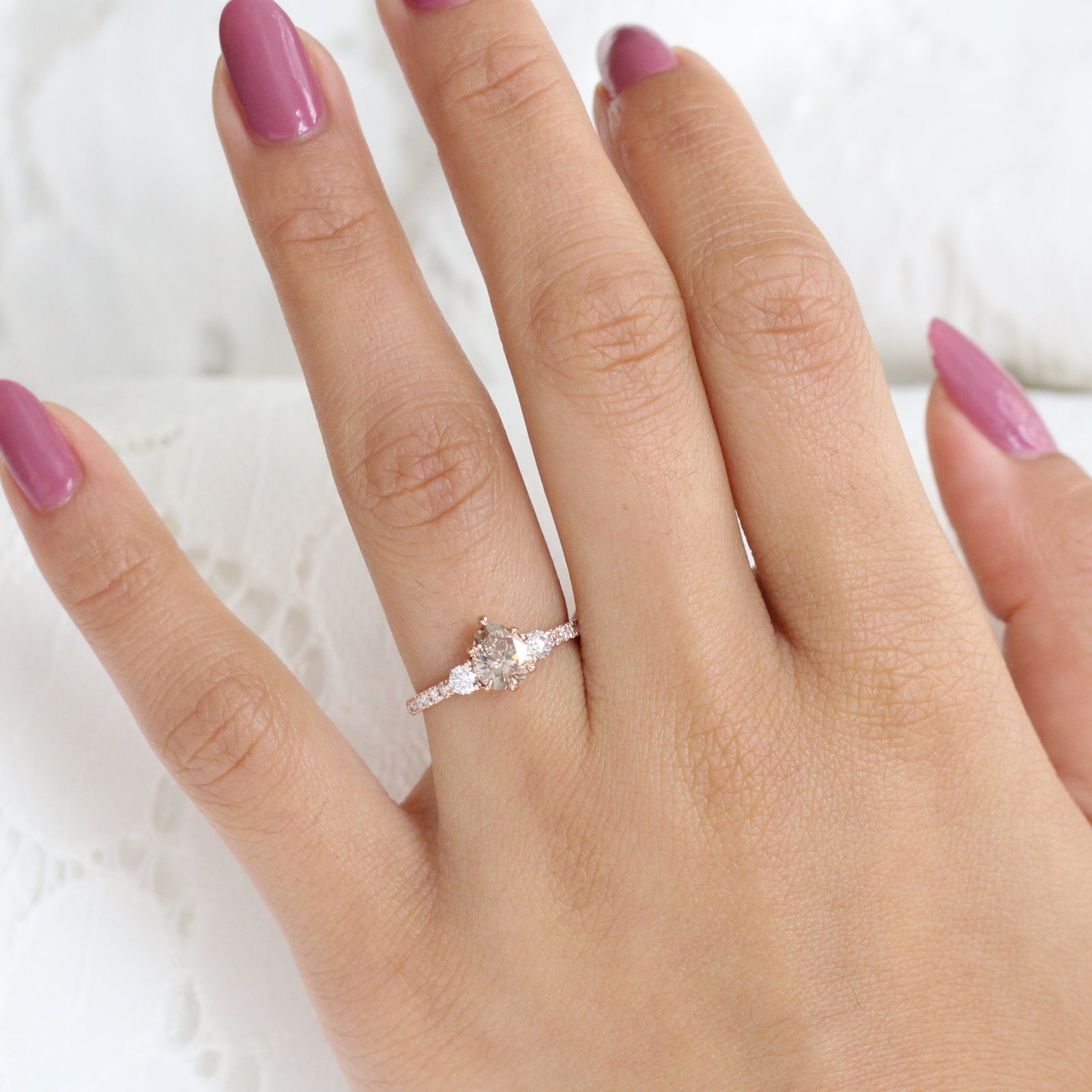 Champagne Diamond Engagement Ring in Rose Gold 3 Stone Pear Ring by La More Design Jewelry