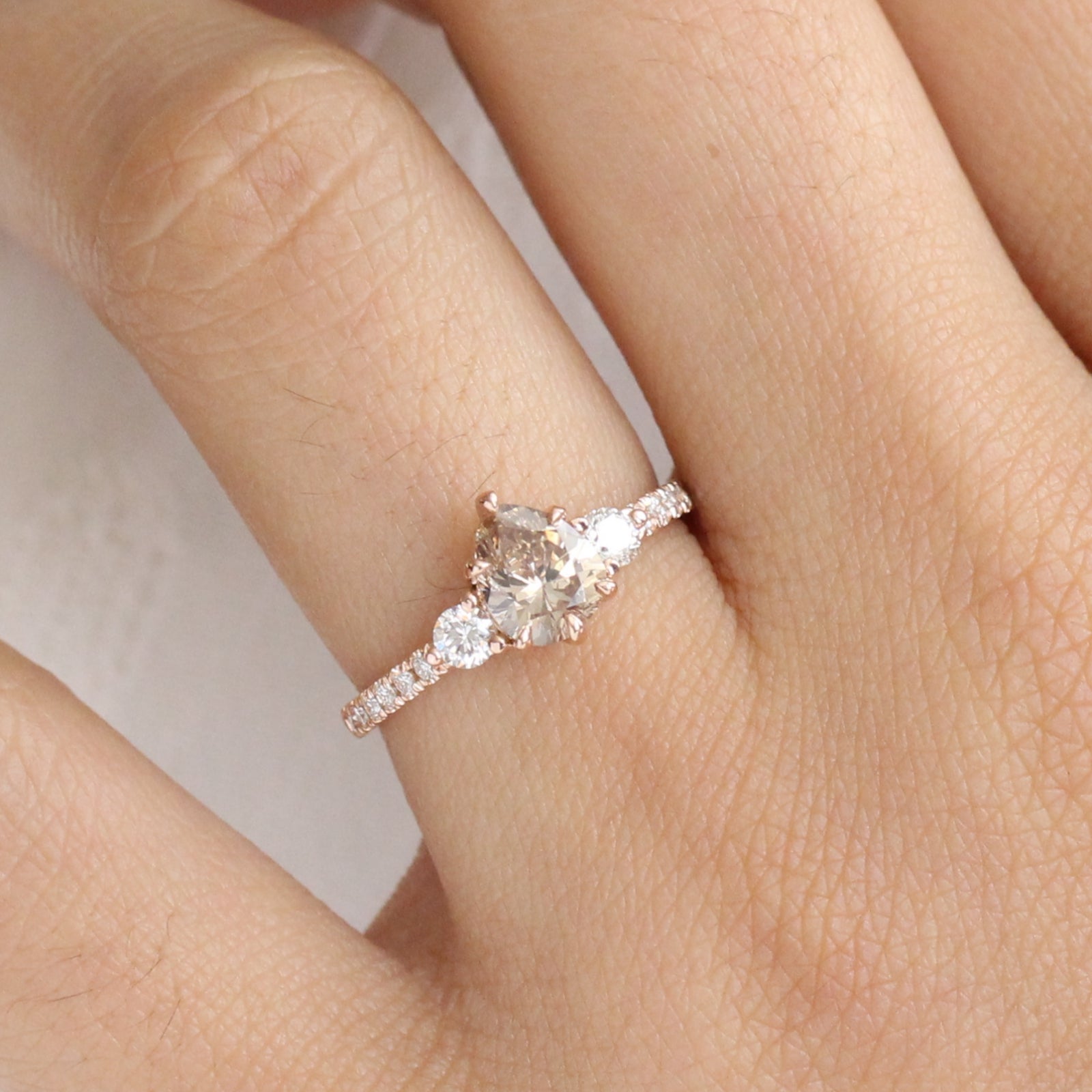 Champagne Diamond Engagement Ring in Rose Gold 3 Stone Pear Ring by La More Design Jewelry