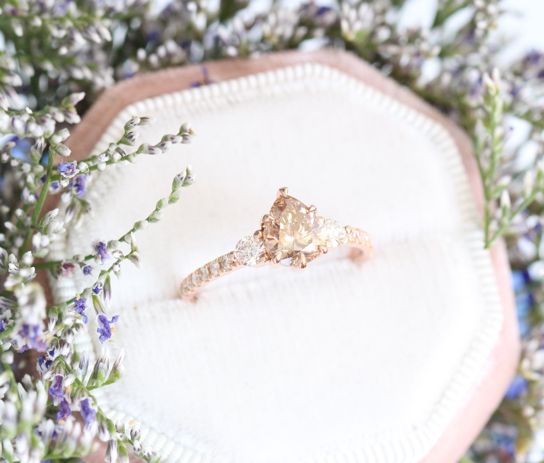 Champagne Diamond Engagement Ring in Rose Gold 3 Stone Pear Ring by La More Design Jewelry