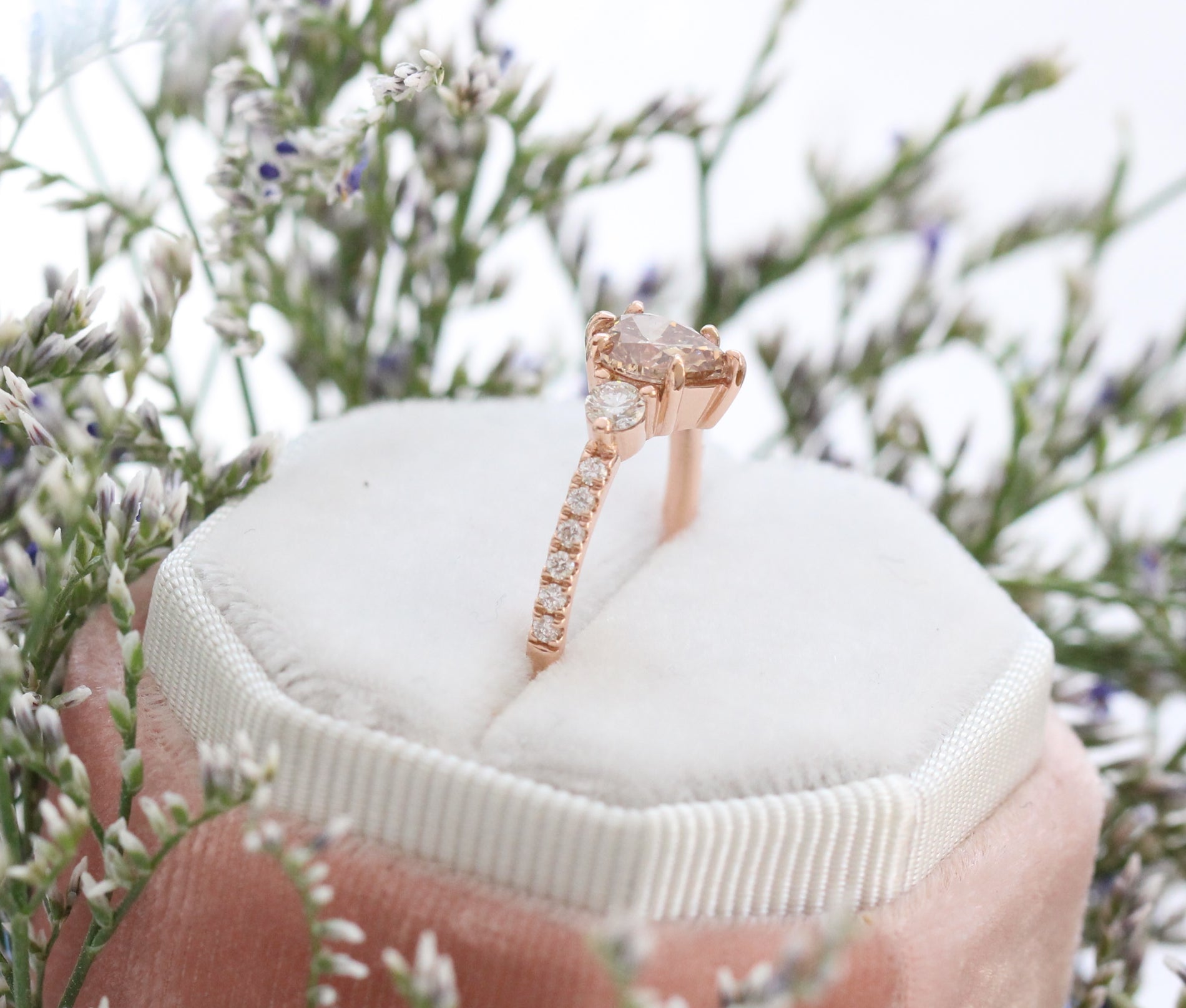 Champagne Diamond Engagement Ring in Rose Gold 3 Stone Pear Ring by La More Design Jewelry