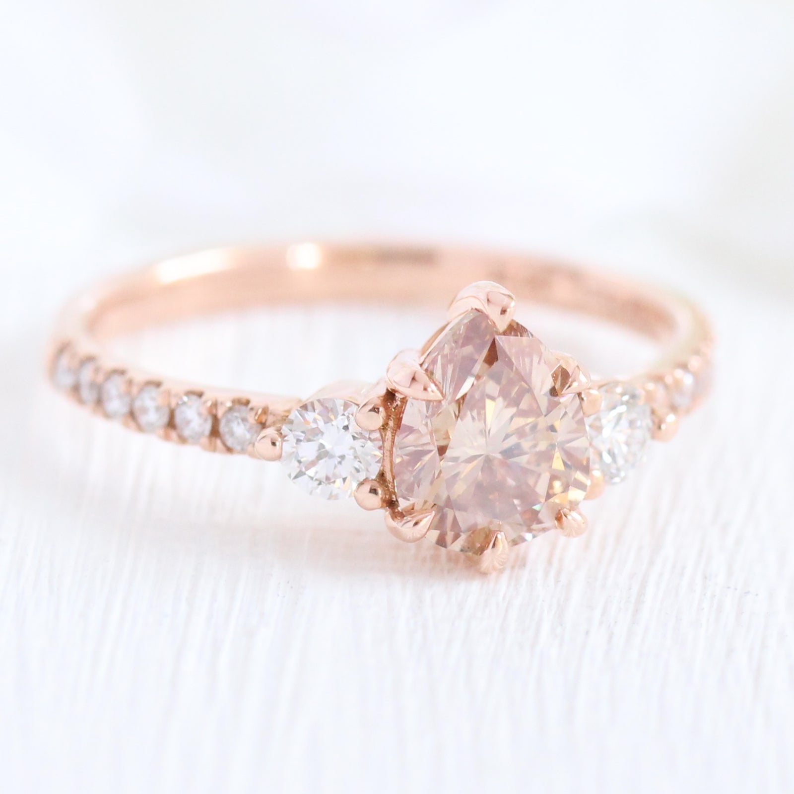 Champagne Diamond Engagement Ring in Rose Gold 3 Stone Pear Ring by La More Design Jewelry