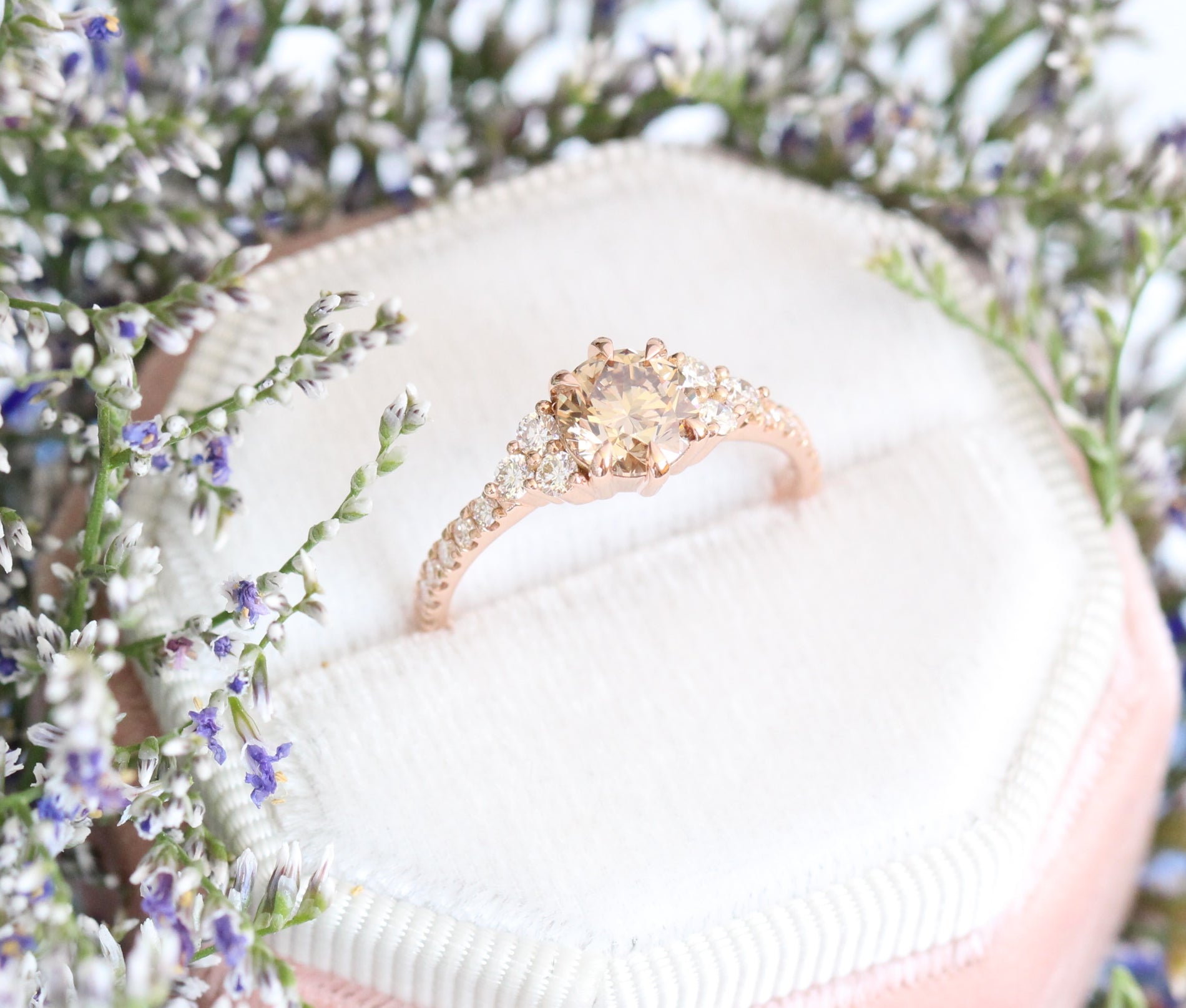 Champagne Diamond Engagement Ring in Rose Gold 3 Stone Ring by La More Design Jewelry