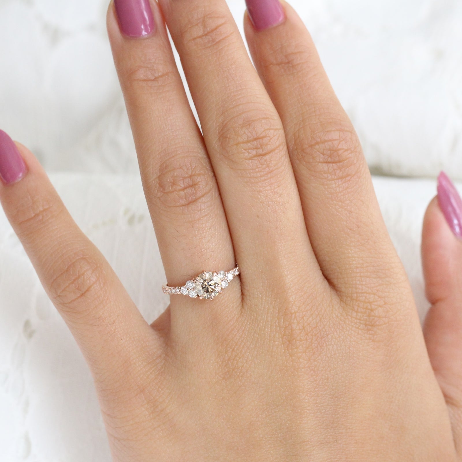 Champagne Diamond Engagement Ring in Rose Gold 3 Stone Ring by La More Design Jewelry