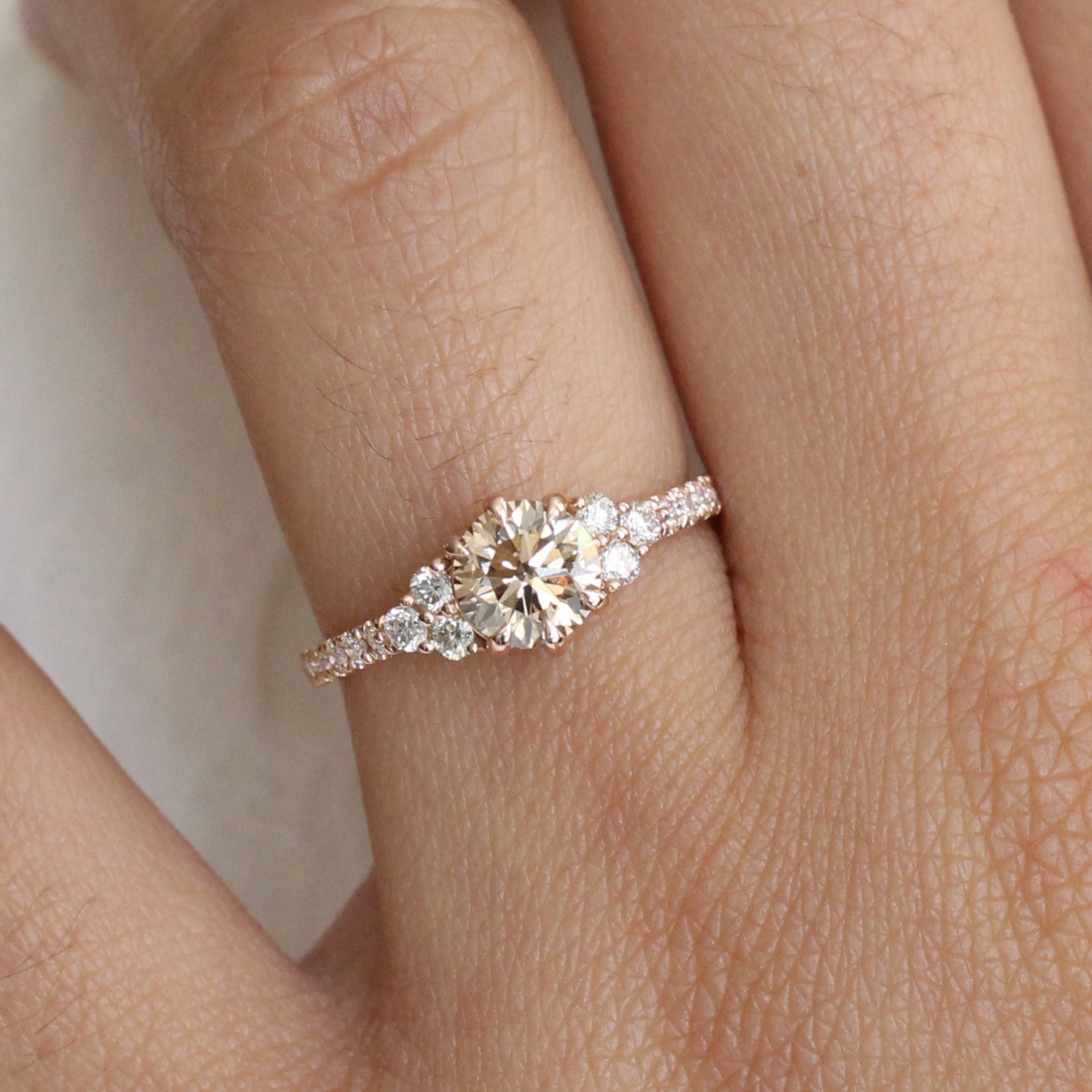 Champagne Diamond Engagement Ring in Rose Gold 3 Stone Ring by La More Design Jewelry