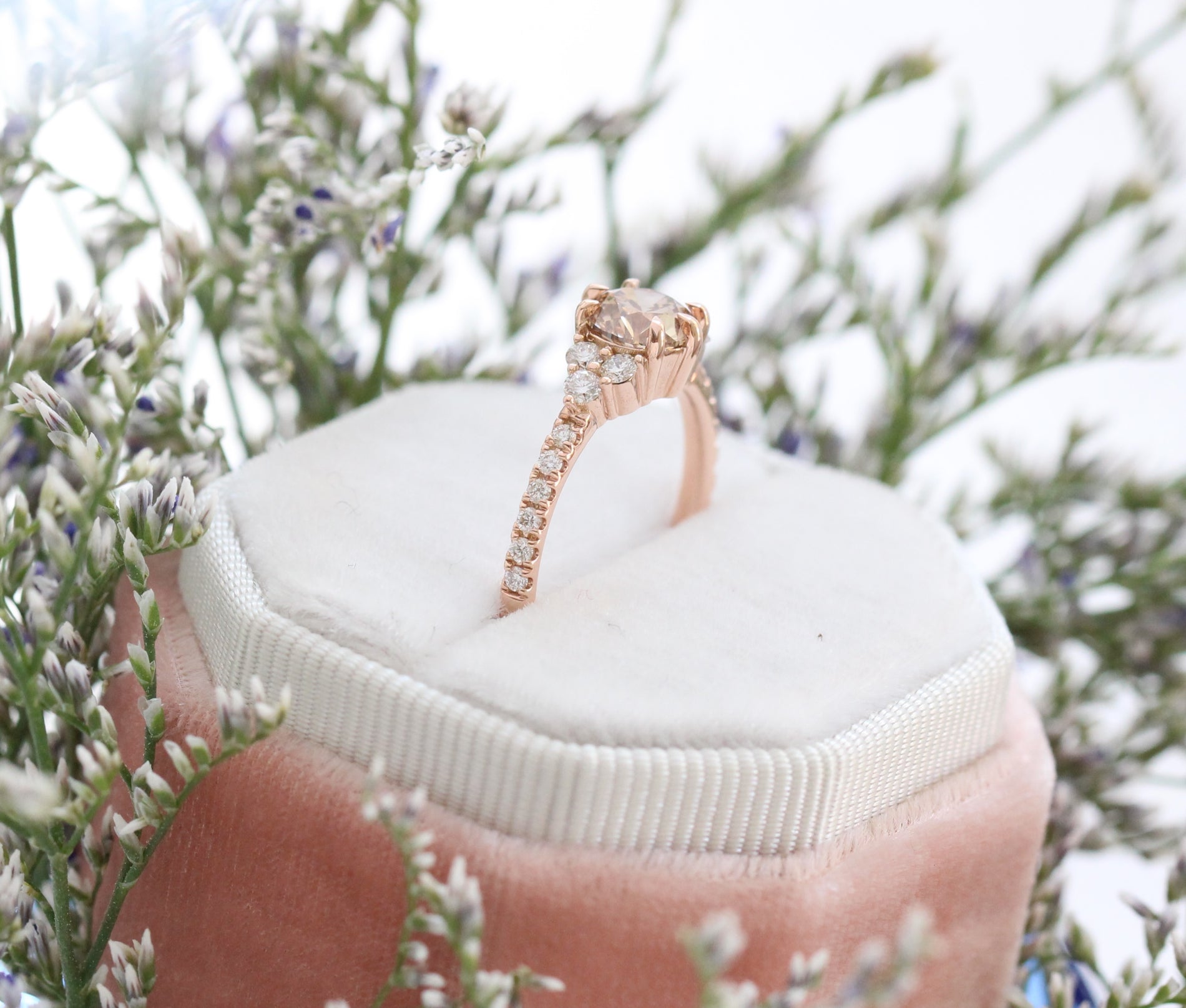 Champagne Diamond Engagement Ring in Rose Gold 3 Stone Ring by La More Design Jewelry
